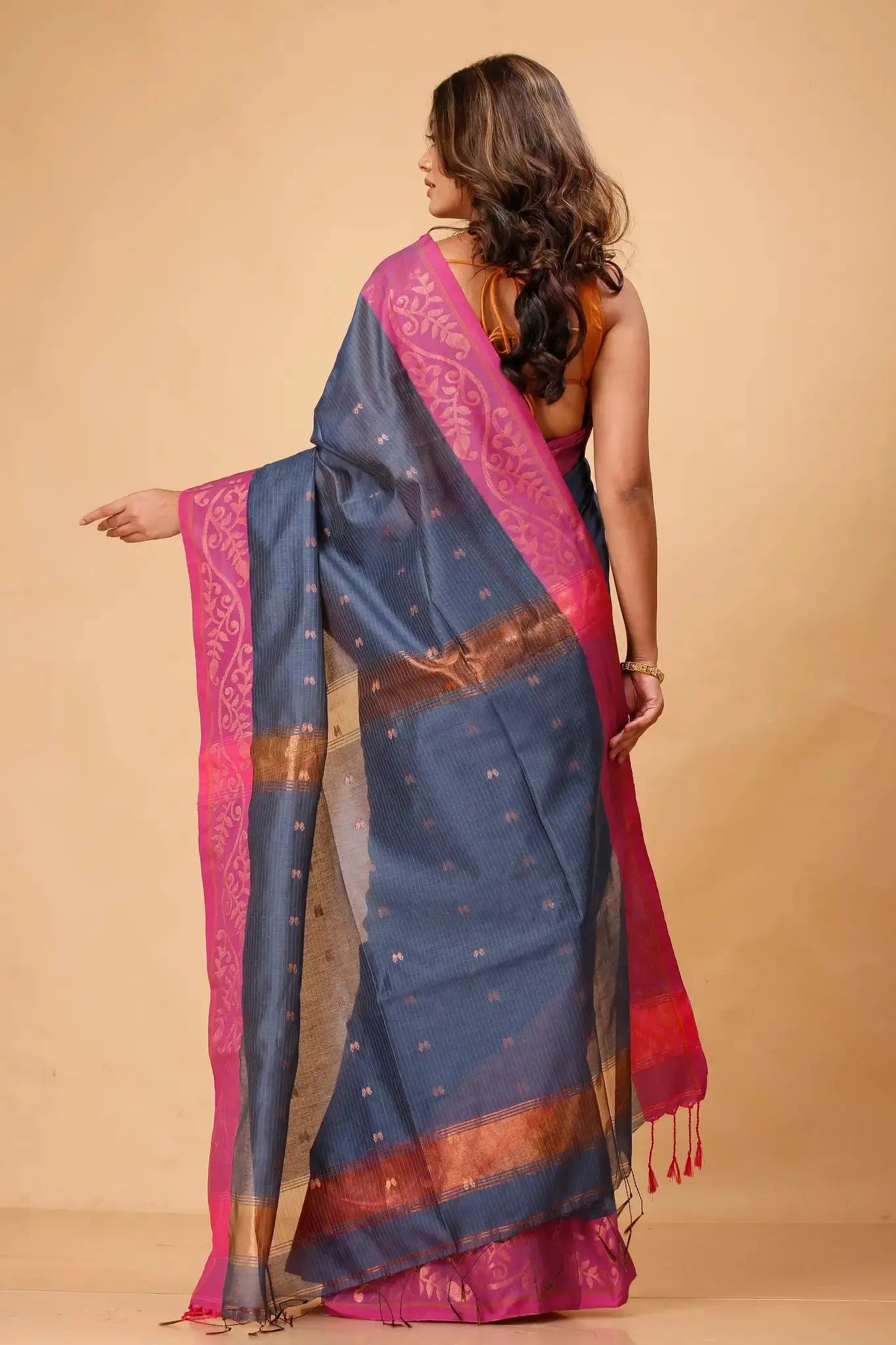 Tealish Blue- Bellu Cotton Handloom Pink Woven Border Saree With Blouse - Grivana