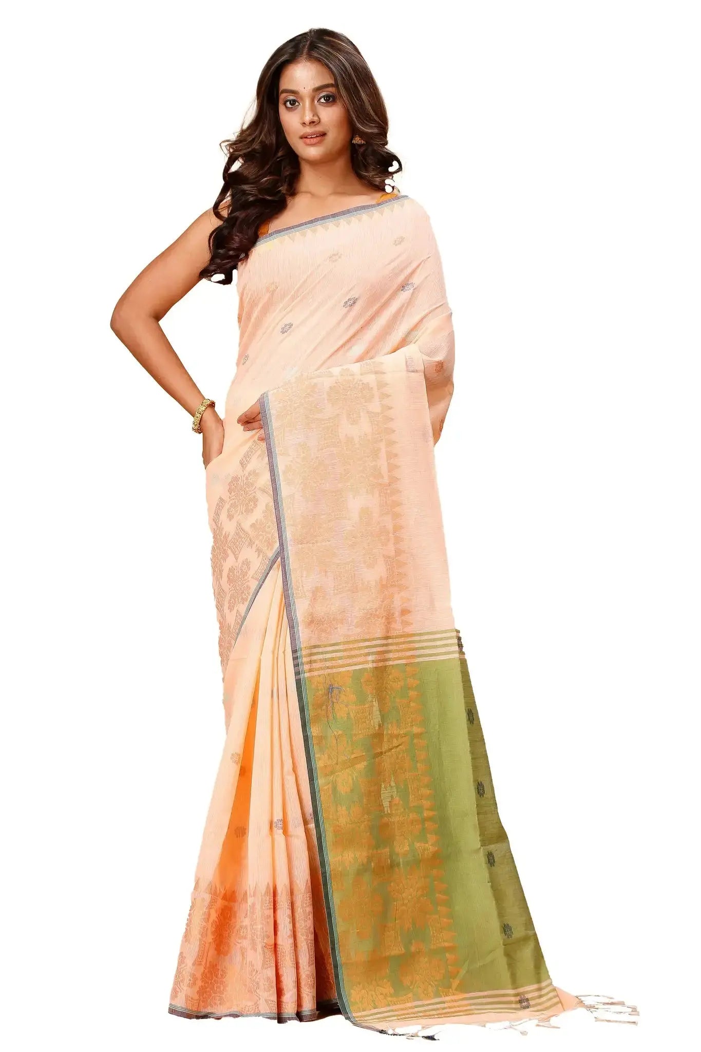 Misty Rose- Bellu Cotton Handloom Fancy Saree With Green Smoke Pallu - Grivana