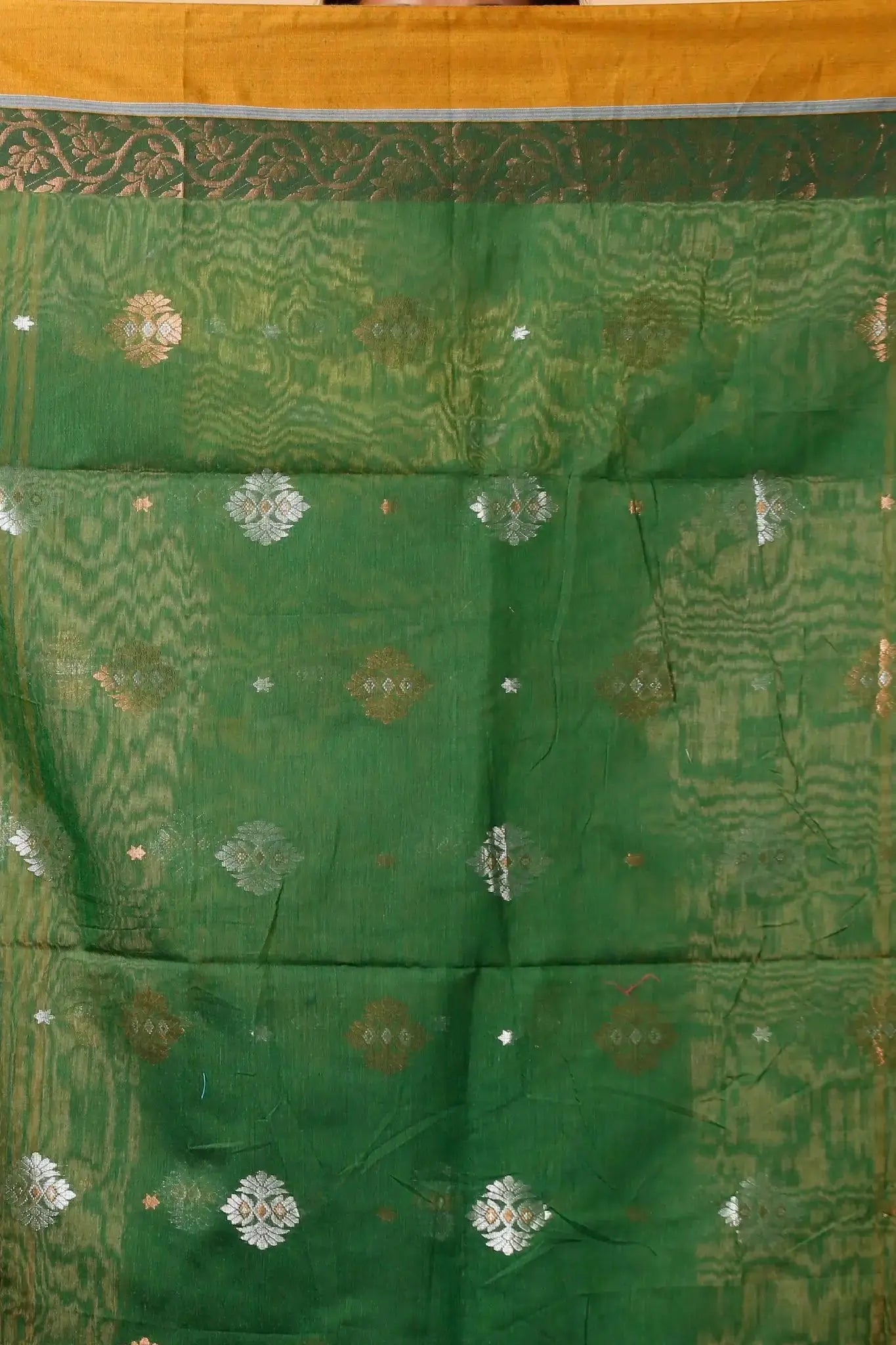 Rusty Orange & Evergreen- Bellu Cotton Handloom Fancy Elegant Border Saree - Grivana