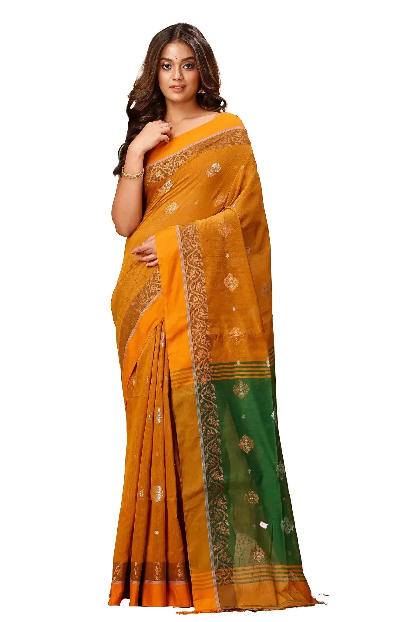 Rusty Orange & Evergreen- Bellu Cotton Handloom Fancy Elegant Border Saree - Grivana
