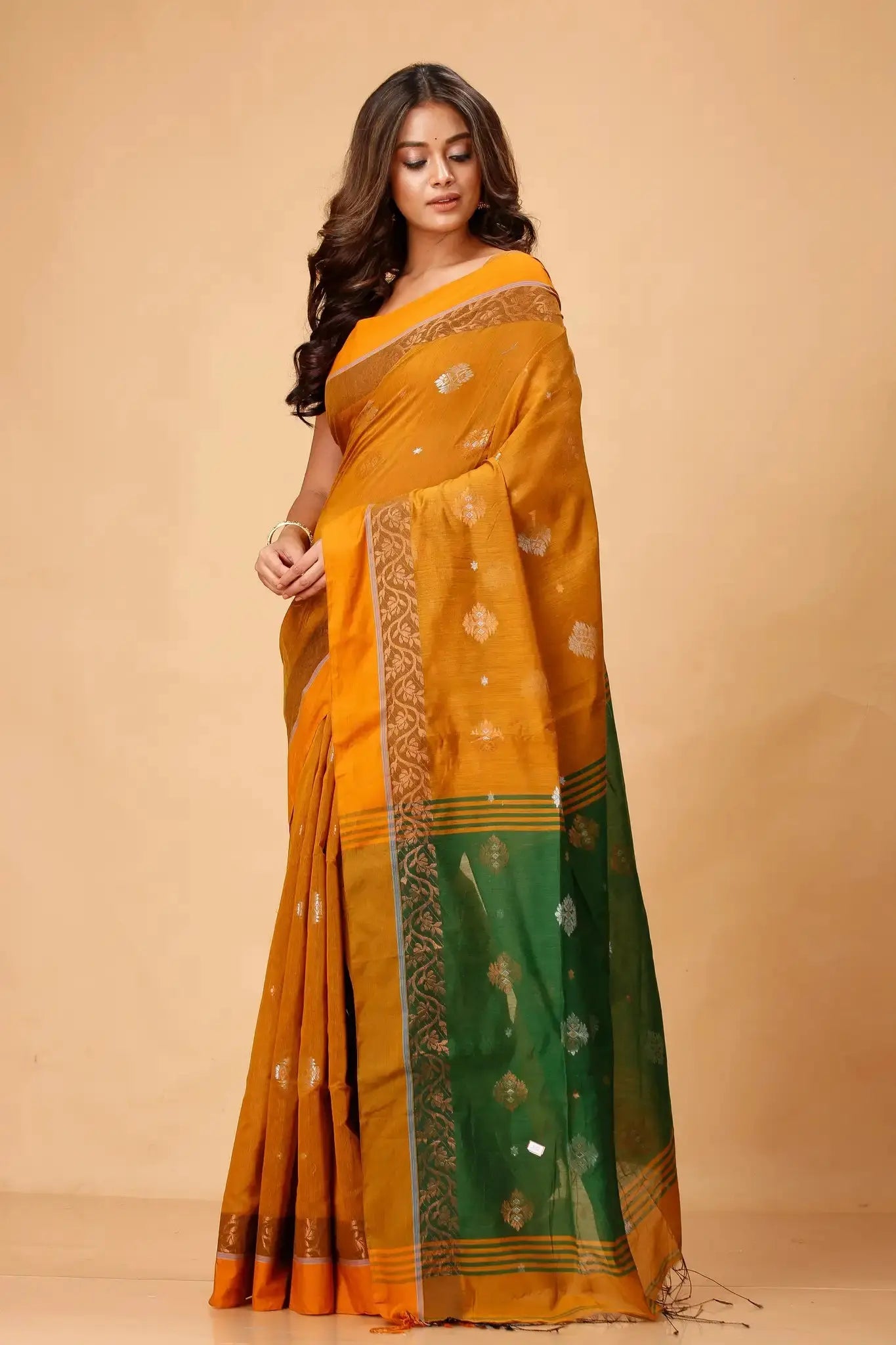 Rusty Orange & Evergreen- Bellu Cotton Handloom Fancy Elegant Border Saree - Grivana