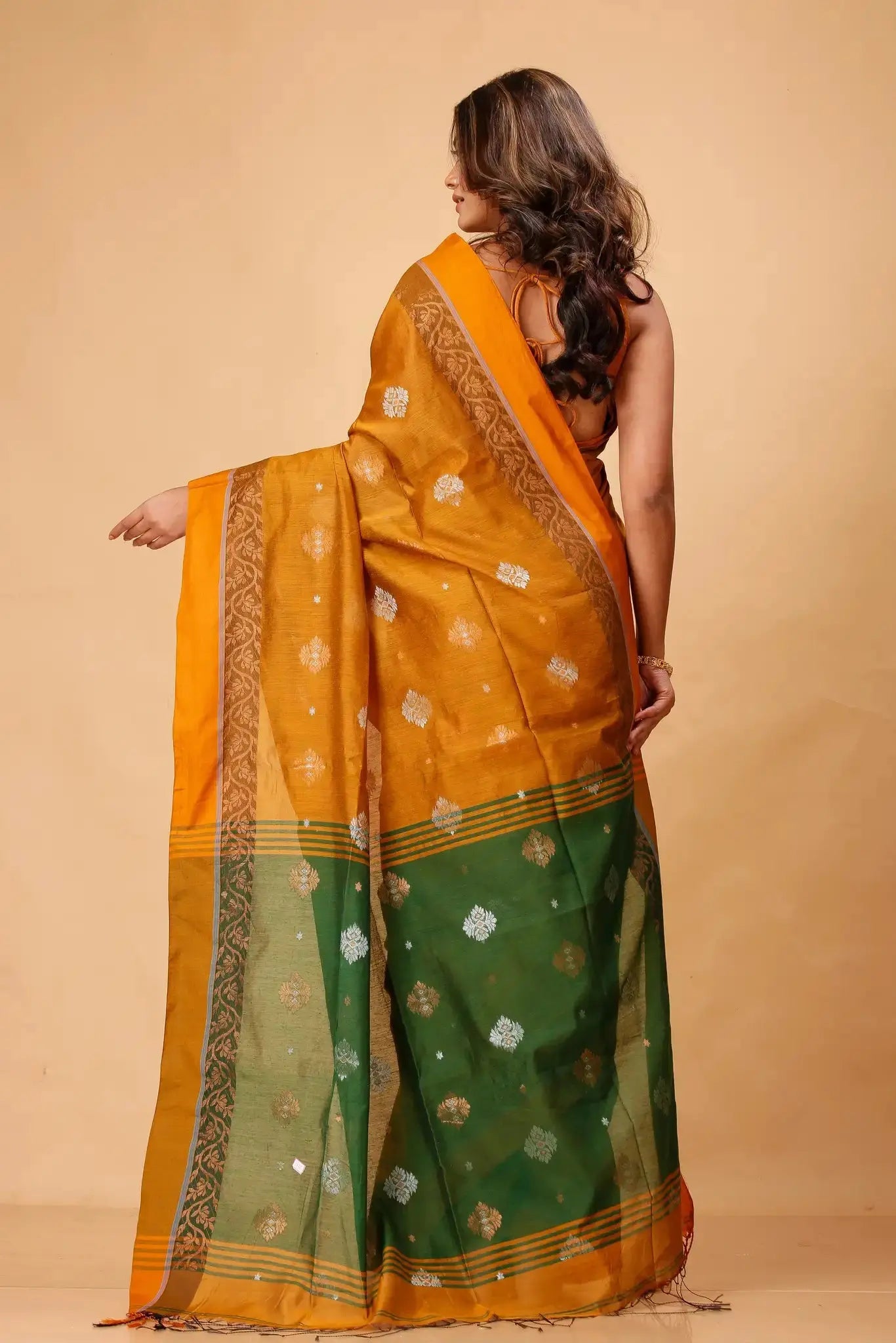 Rusty Orange & Evergreen- Bellu Cotton Handloom Fancy Elegant Border Saree - Grivana