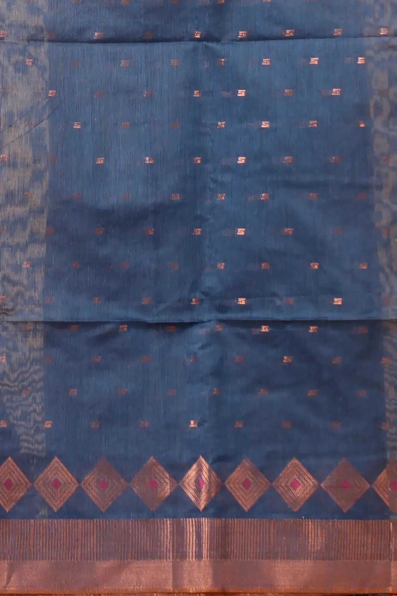 Bellu Cotton Handloom Fancy Saree- Red With Navy Blue Border Diamond Pattern - Grivana