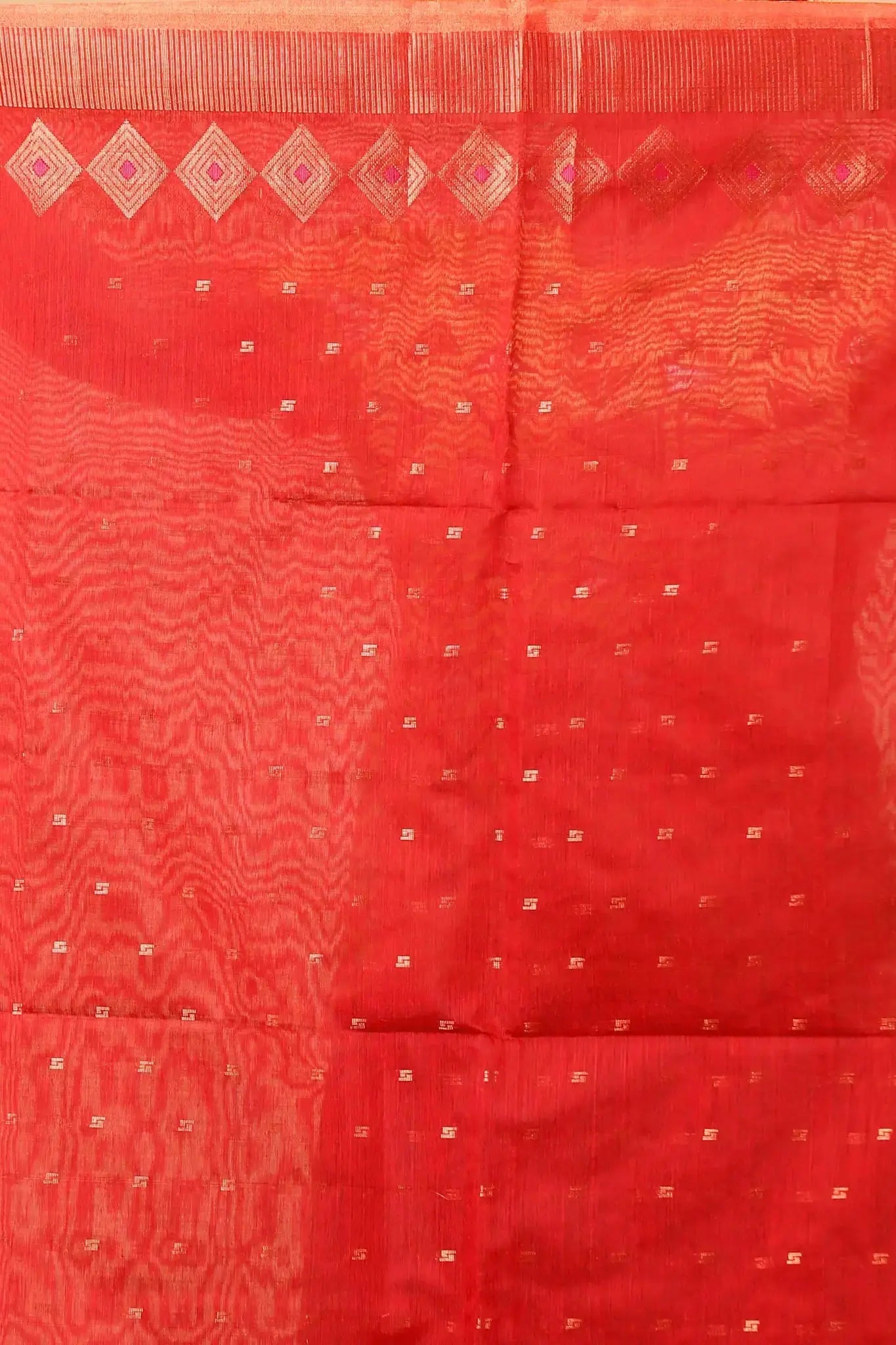 Bellu Cotton Handloom Fancy Saree- Red With Navy Blue Border Diamond Pattern - Grivana