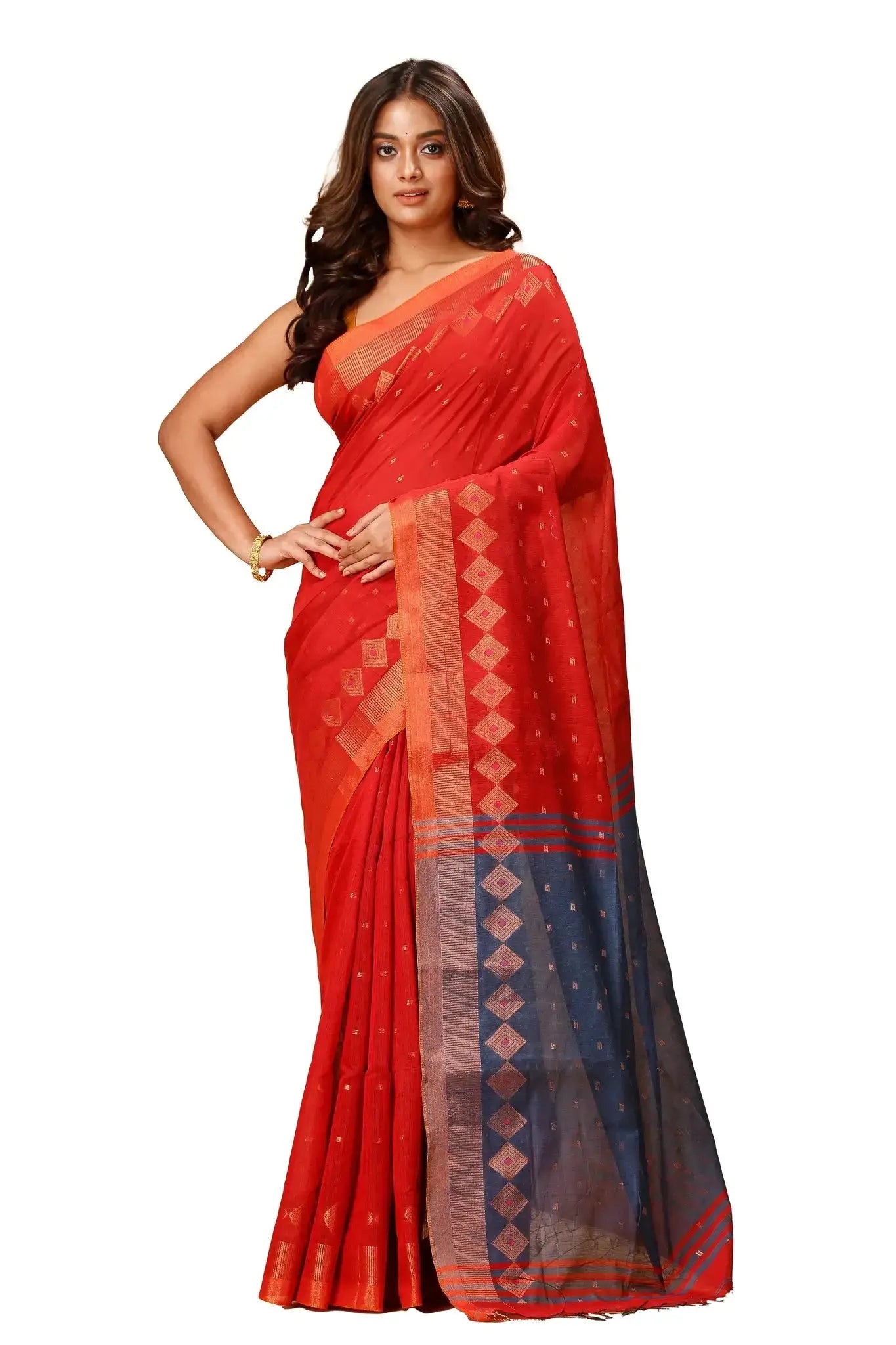 Bellu Cotton Handloom Fancy Saree- Red With Navy Blue Border Diamond Pattern - Grivana