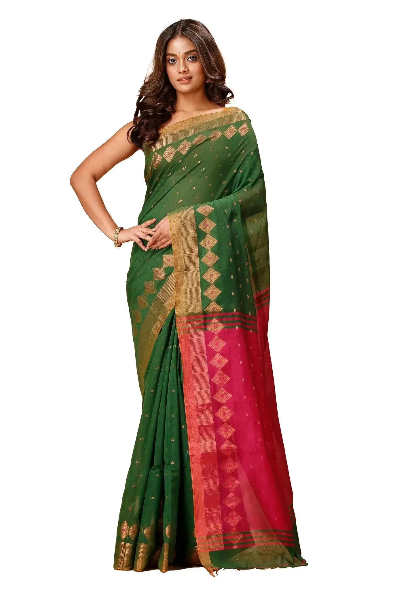 Olive Green With Pinkish Red Border- Bellu Cotton Handloom Fancy Indian Saree - Grivana