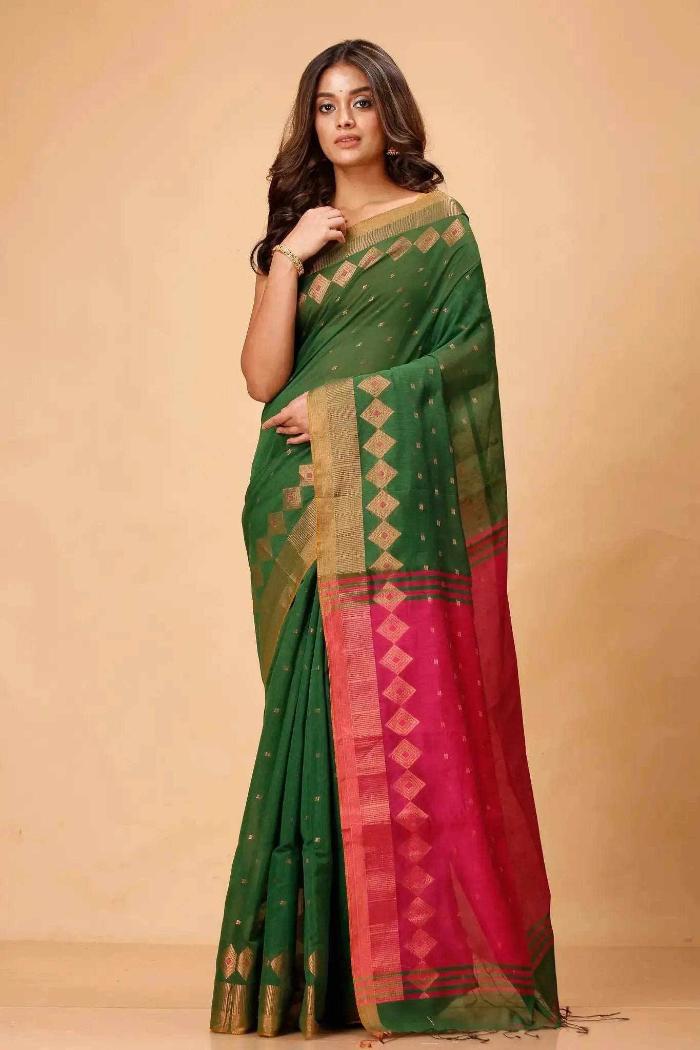 Olive Green With Pinkish Red Border- Bellu Cotton Handloom Fancy Indian Saree - Grivana
