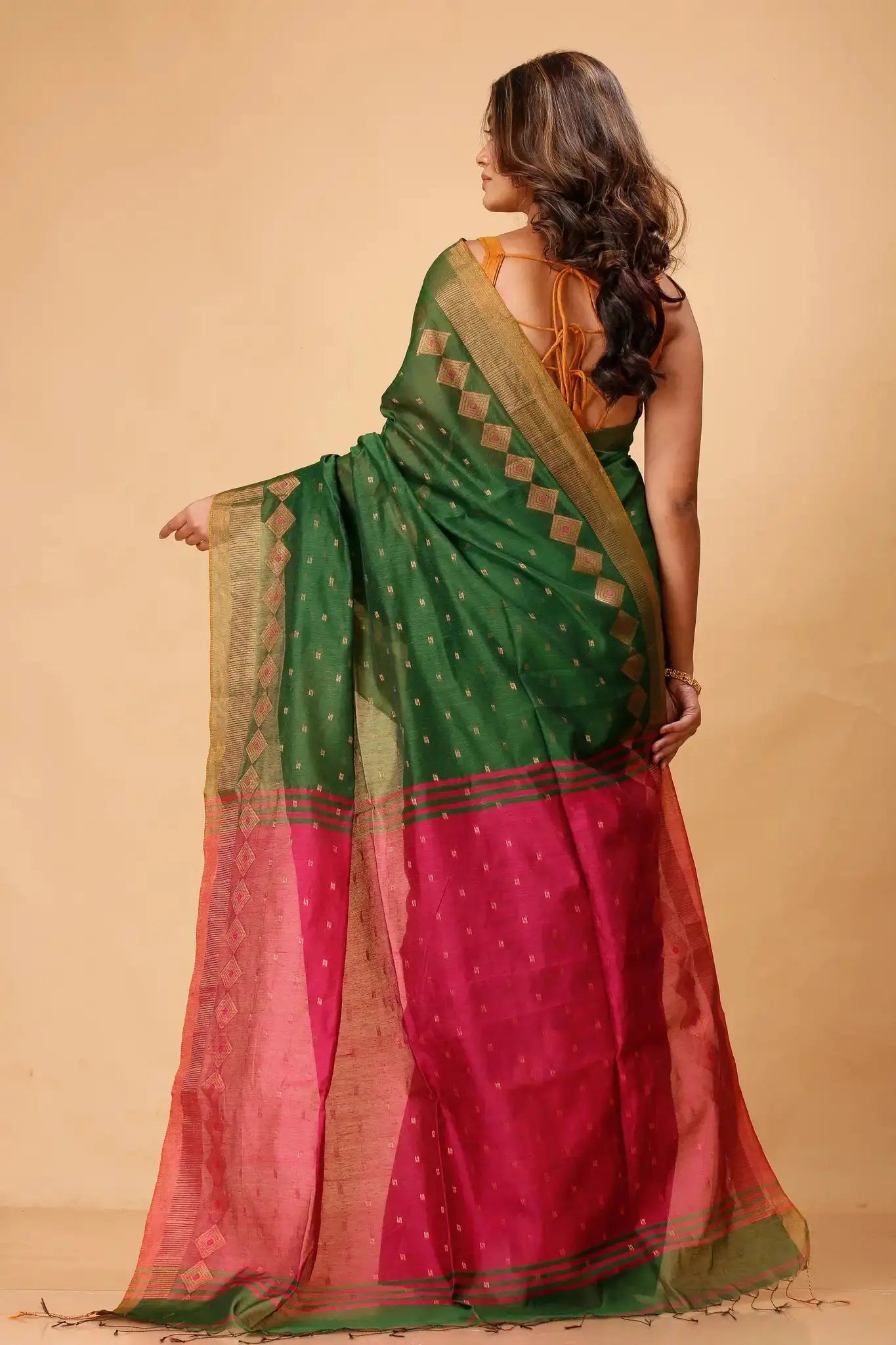 Olive Green With Pinkish Red Border- Bellu Cotton Handloom Fancy Indian Saree - Grivana