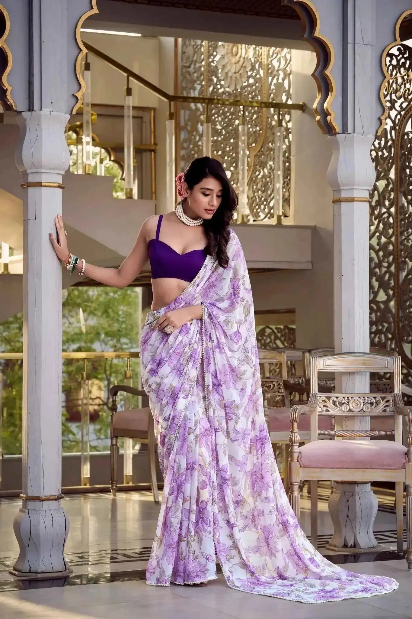 Floral Print Pearl Lace Border Saree – Weightless Marbal Fabric Dawn Pink