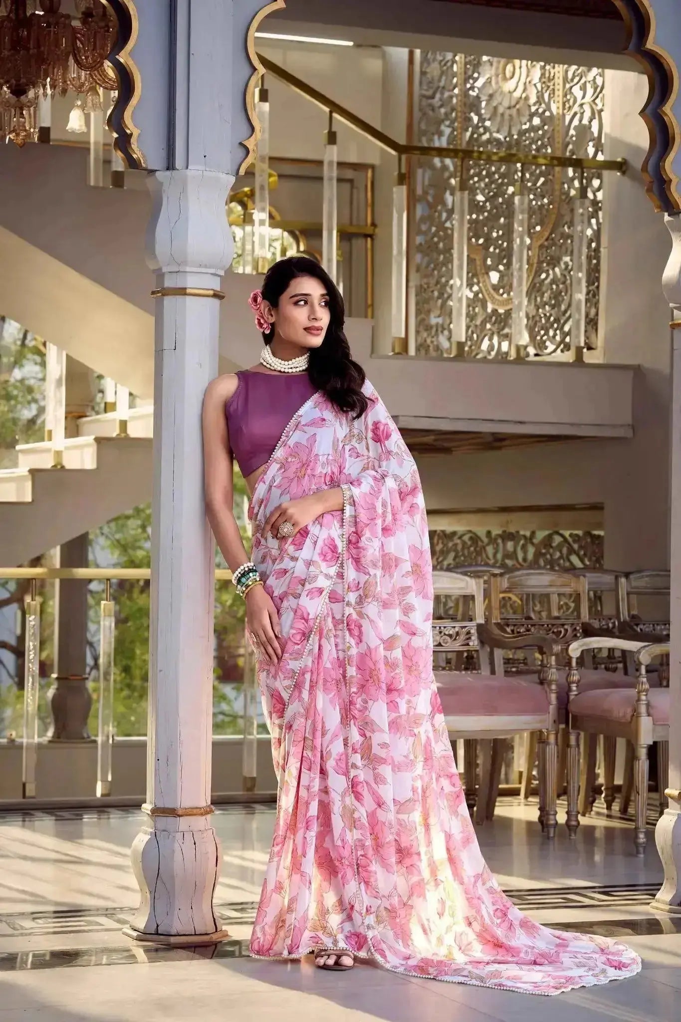 Floral Print Pearl Lace Border Saree – Weightless Marbal Fabric Dawn Pink