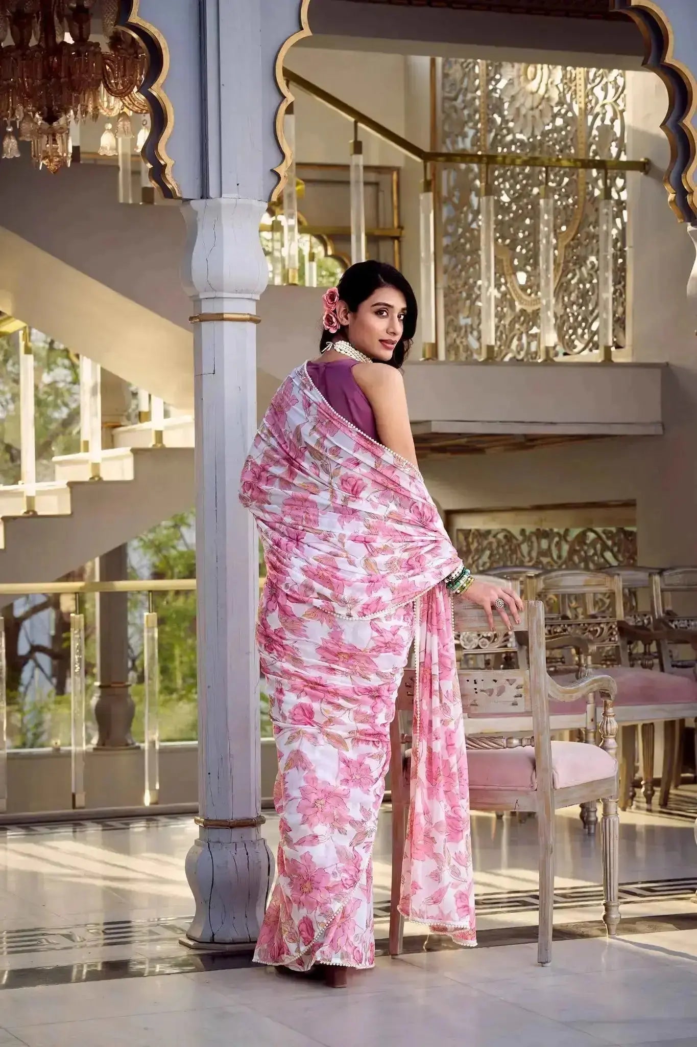 Floral Print Pearl Lace Border Saree – Weightless Marbal Fabric Dawn Pink