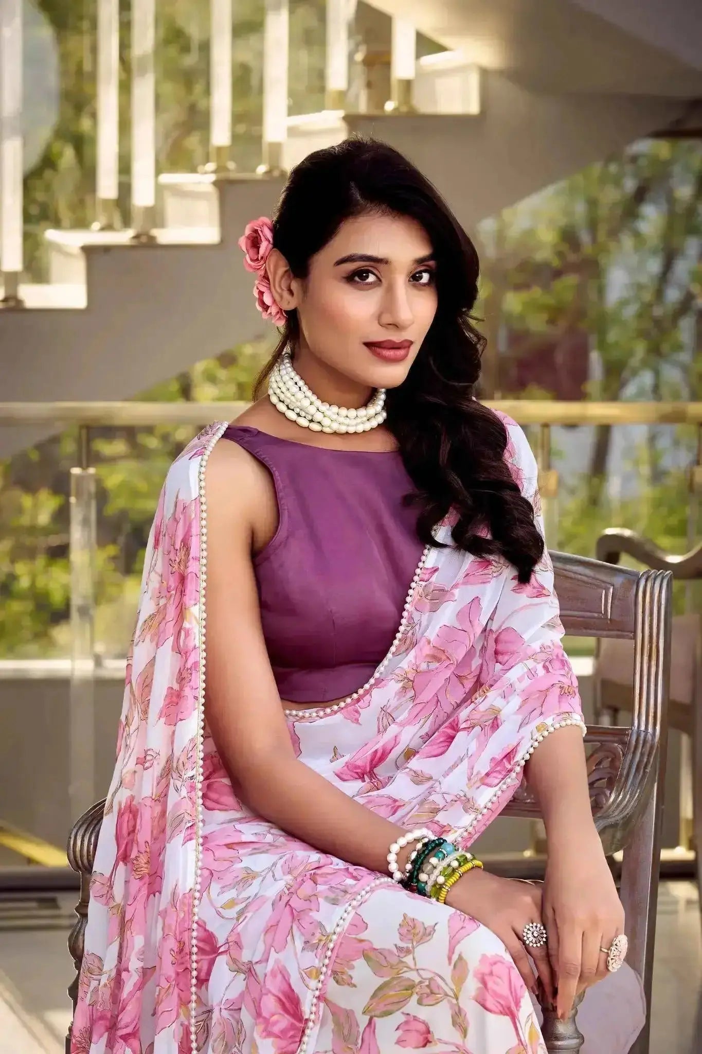 Floral Print Pearl Lace Border Saree – Weightless Marbal Fabric Dawn Pink