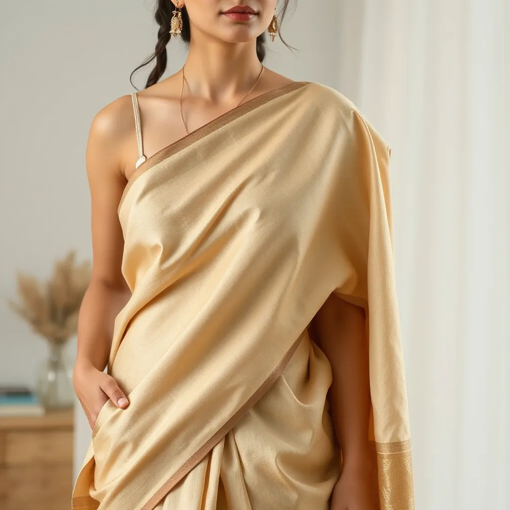 Woman draped in a breathable cotton saree with visible light fabric texture and airy pleats