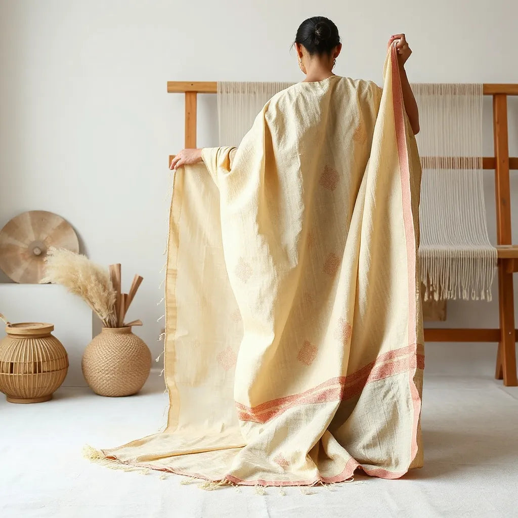Artisan-woven cotton saree draped with visible woven texture and neat pleats on a neutral backdrop