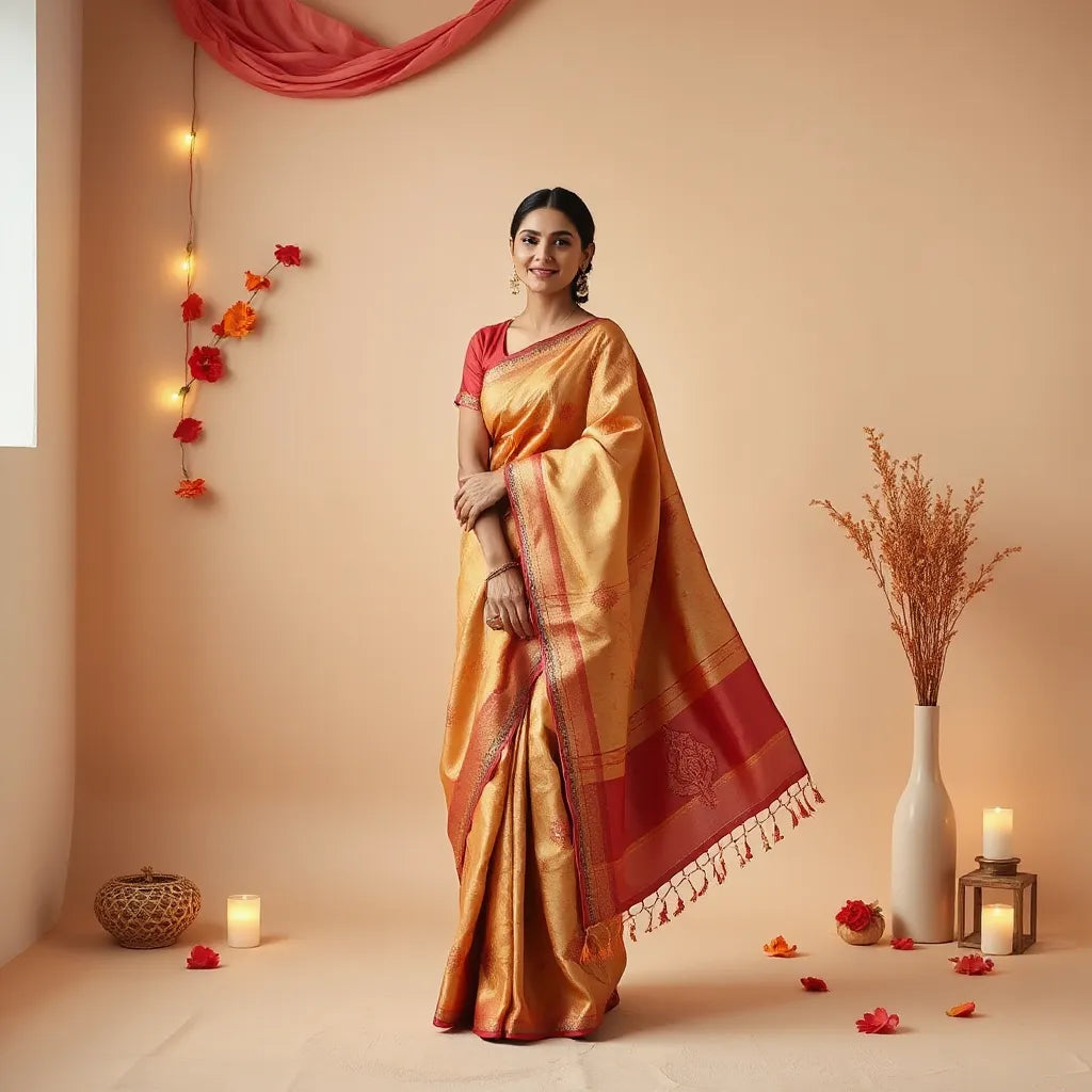 Person draped in a festive cotton saree with detailed fabric texture and warm decorative background