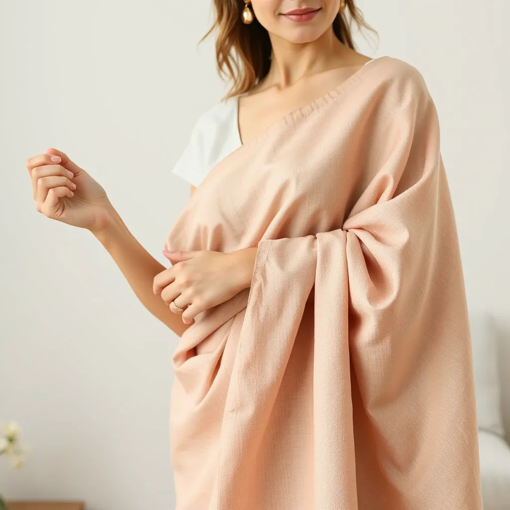 Woman draping a soft, breathable saree with visible fine fabric texture in natural light