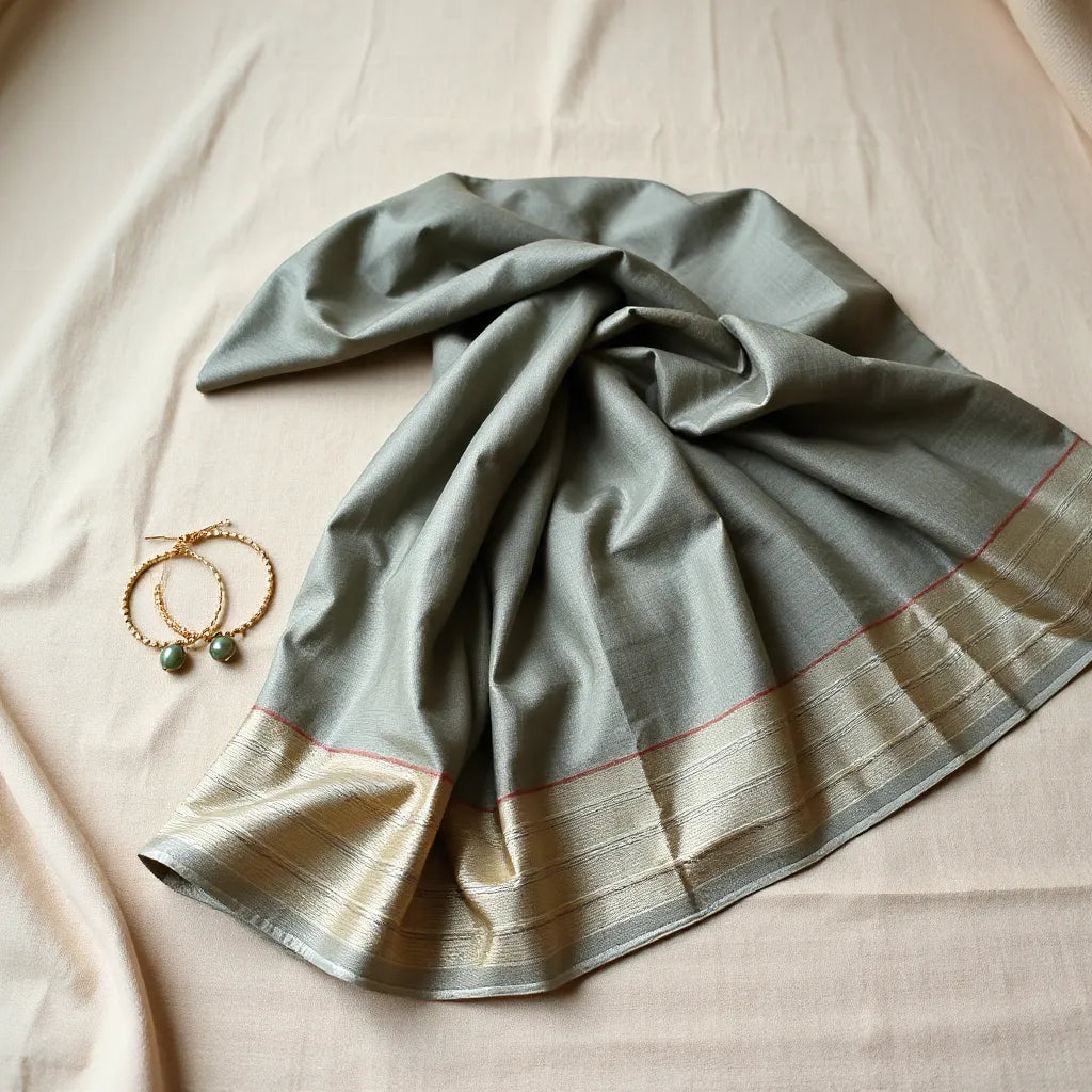 Draped saree with intricate woven motifs and border details on a neutral background