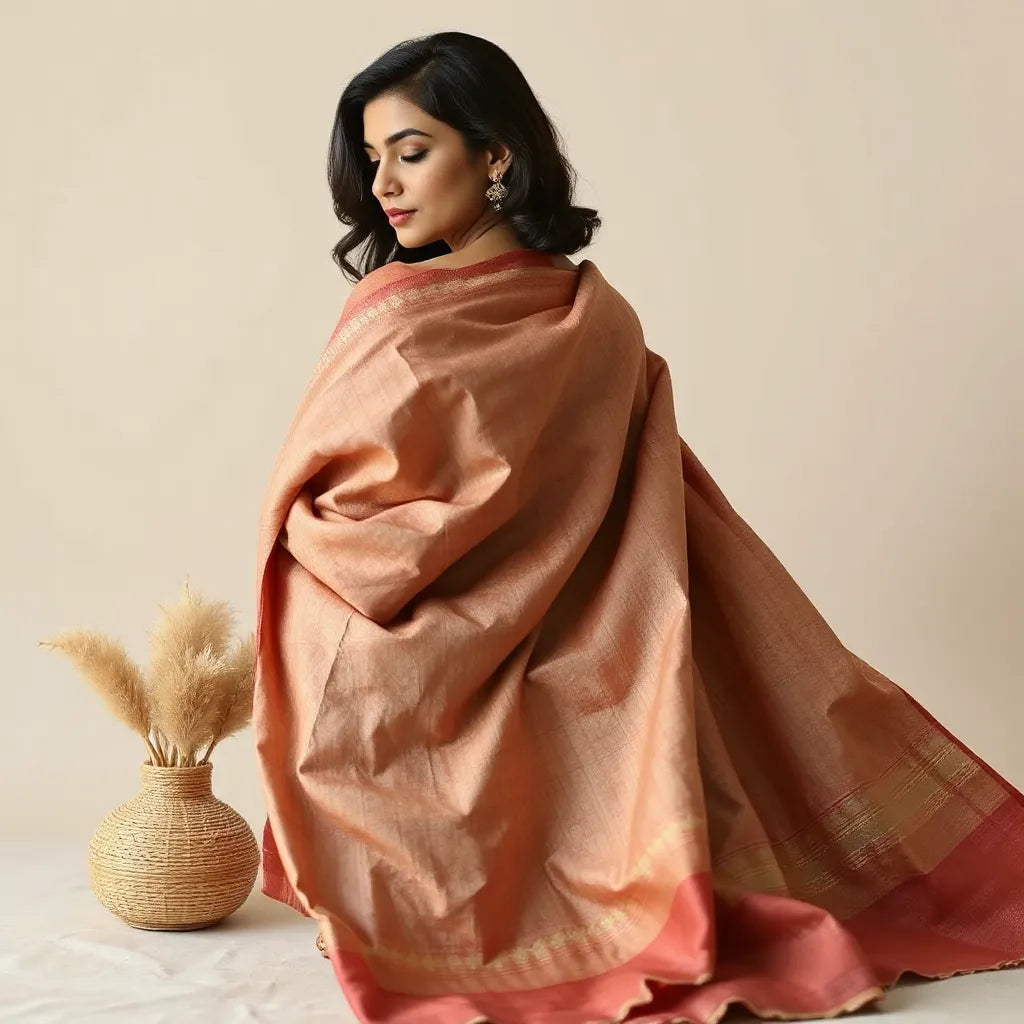 Handwoven Bengal handloom saree with intricate texture and draped border on a simple backdrop