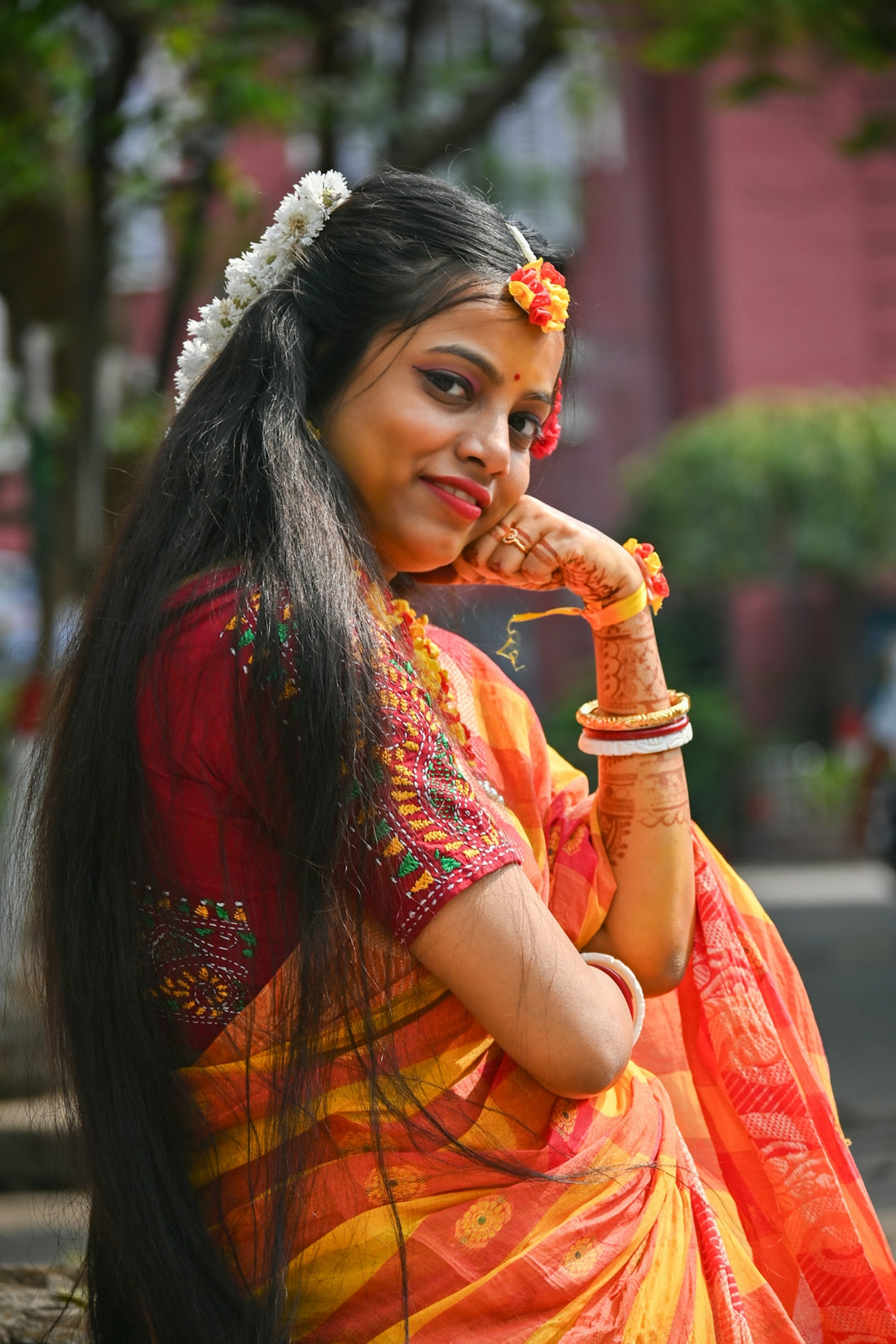 Beautiful woman in a traditional sari poses.