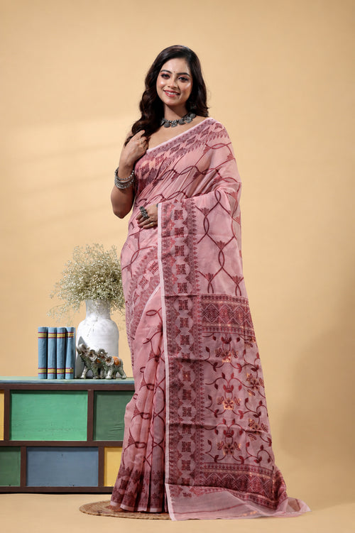 Grivana Pink Dhakai Jamdani Bengal Handloom Saree with Blouse Piece