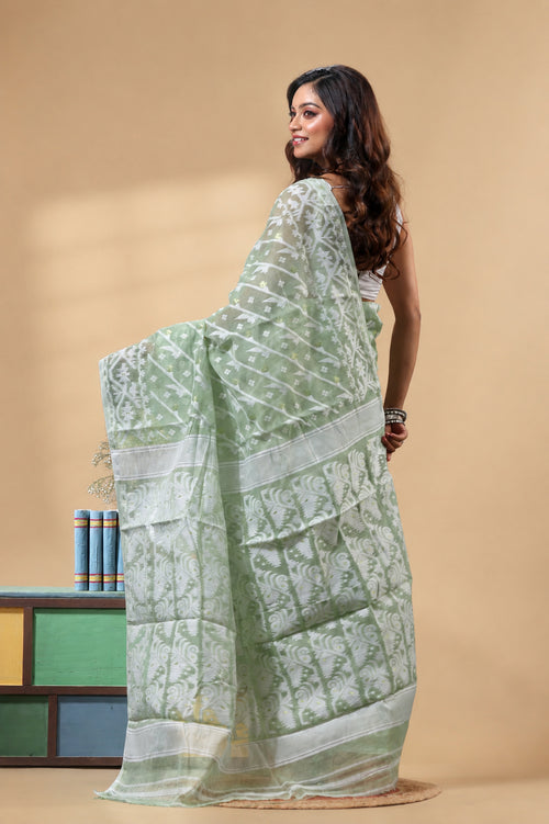 Grivana Olive Green Dhakai Jamdani Bengal Handloom Saree