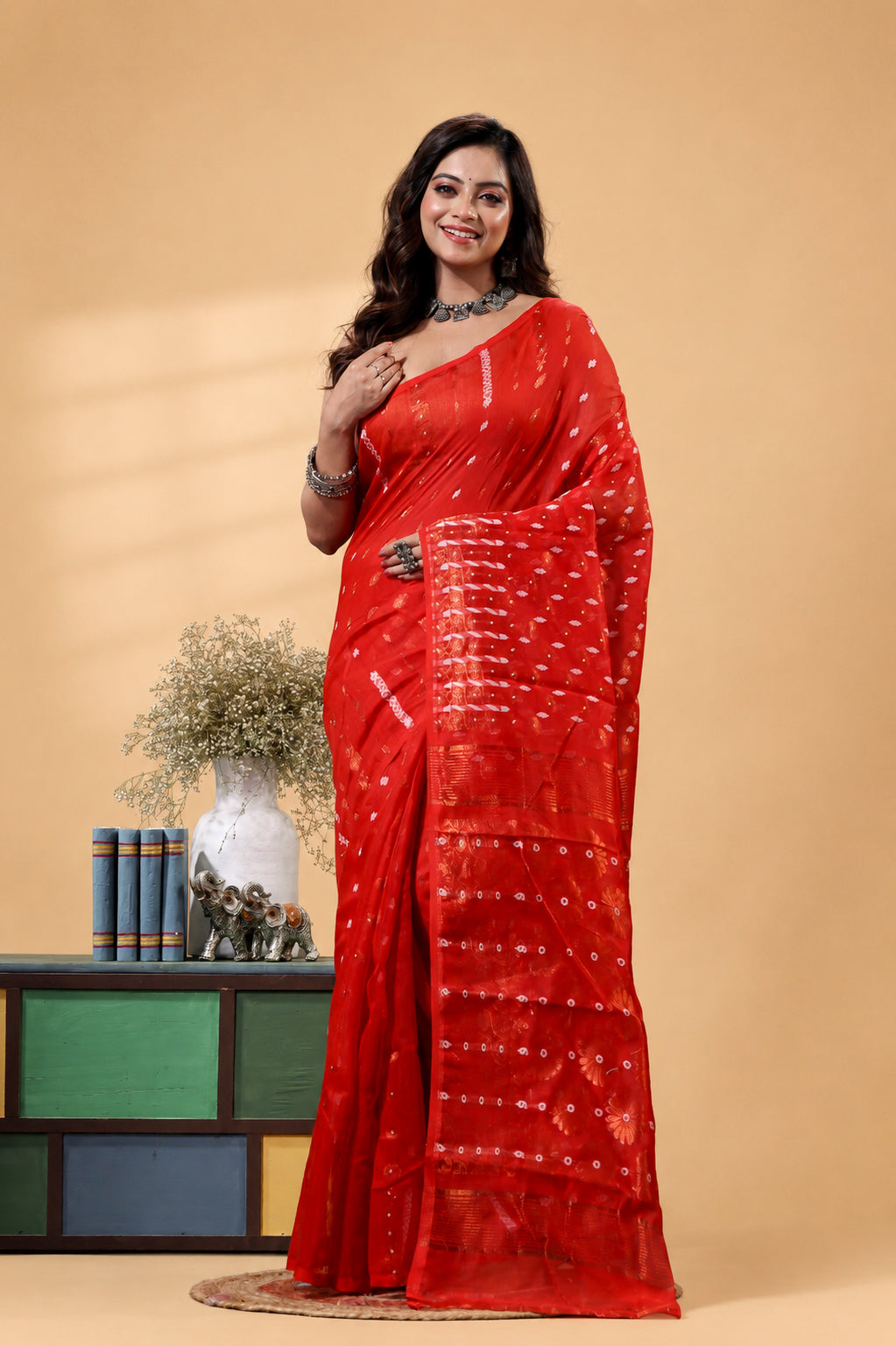 Red Bengal Handloom Dhakai Jamdani Saree | Traditional Jamdani Sari