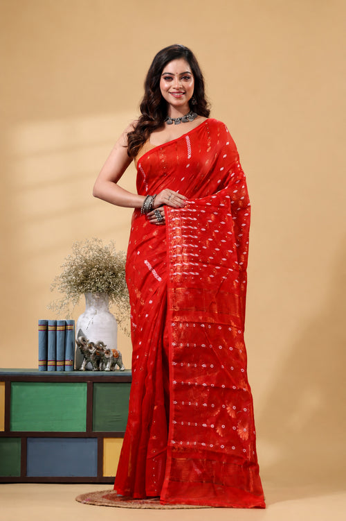 Red Bengal Handloom Dhakai Jamdani Saree | Traditional Jamdani Sari