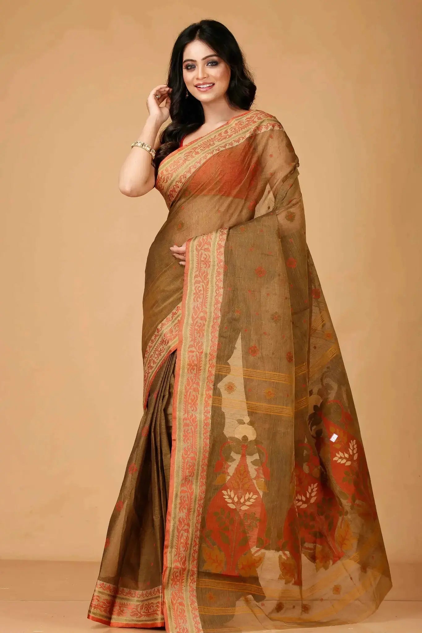 Coffee- Pure Cotton Bengal Handloom Traditional Handwoven Indian Saree