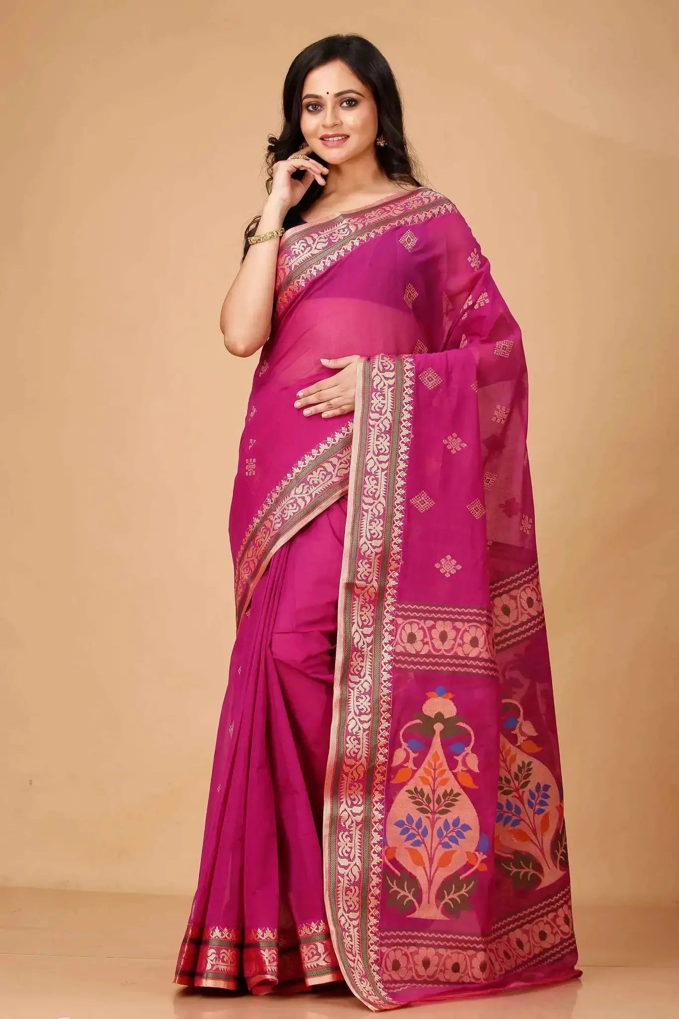 Purplish Red- Pure Cotton Bengal Handloom Traditional Handwoven Indian Saree
