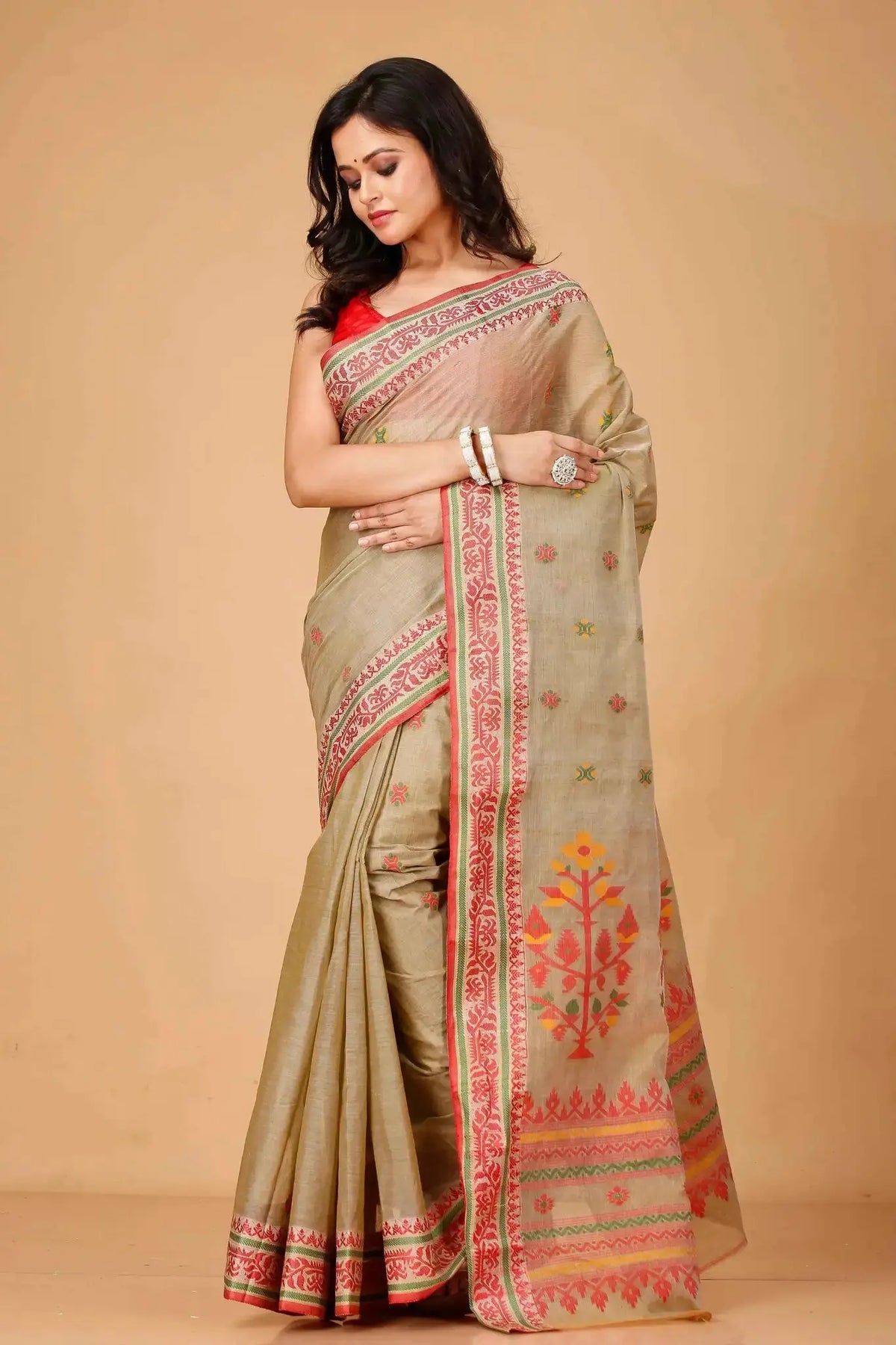 Rodeo Dust- Pure Cotton Bengal Handloom Festive Wear Traditional Indian Saree