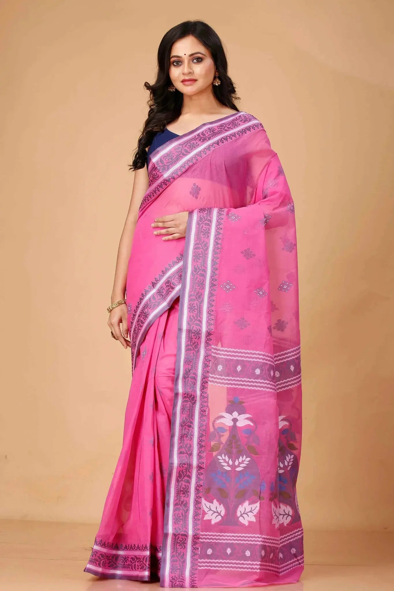 Cadillac Pink- Traditional Floral & Geometric Motifs Pure Cotton Bengal Handloom Saree