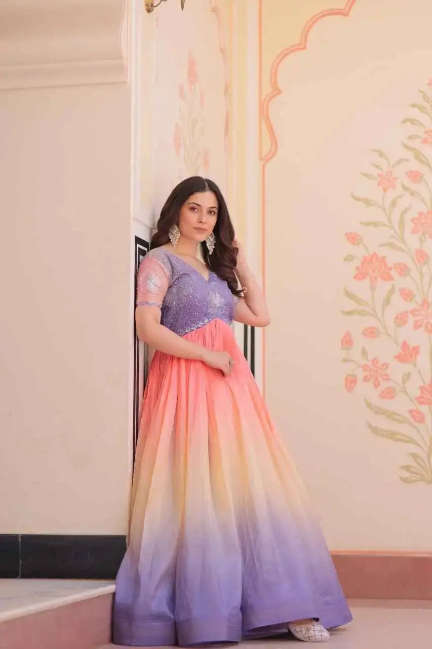 Designer Ombre Anarkali Gown with Embroidered Sequin Blouse – Ethnic Party Wear for Women