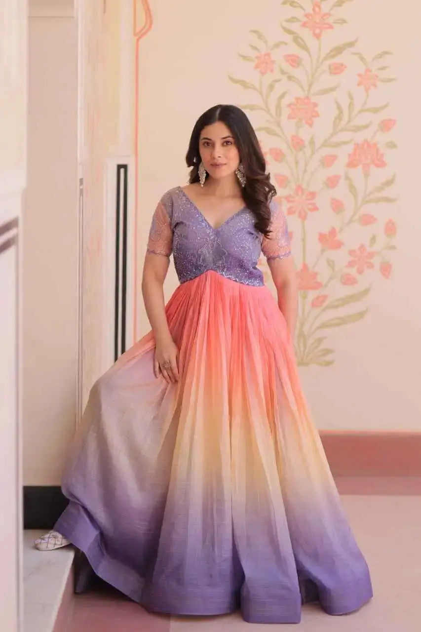 Designer Ombre Anarkali Gown with Embroidered Sequin Blouse – Ethnic Party Wear for Women