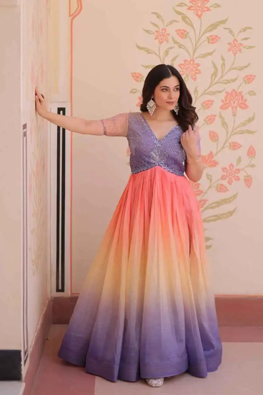Designer Ombre Anarkali Gown with Embroidered Sequin Blouse – Ethnic Party Wear for Women