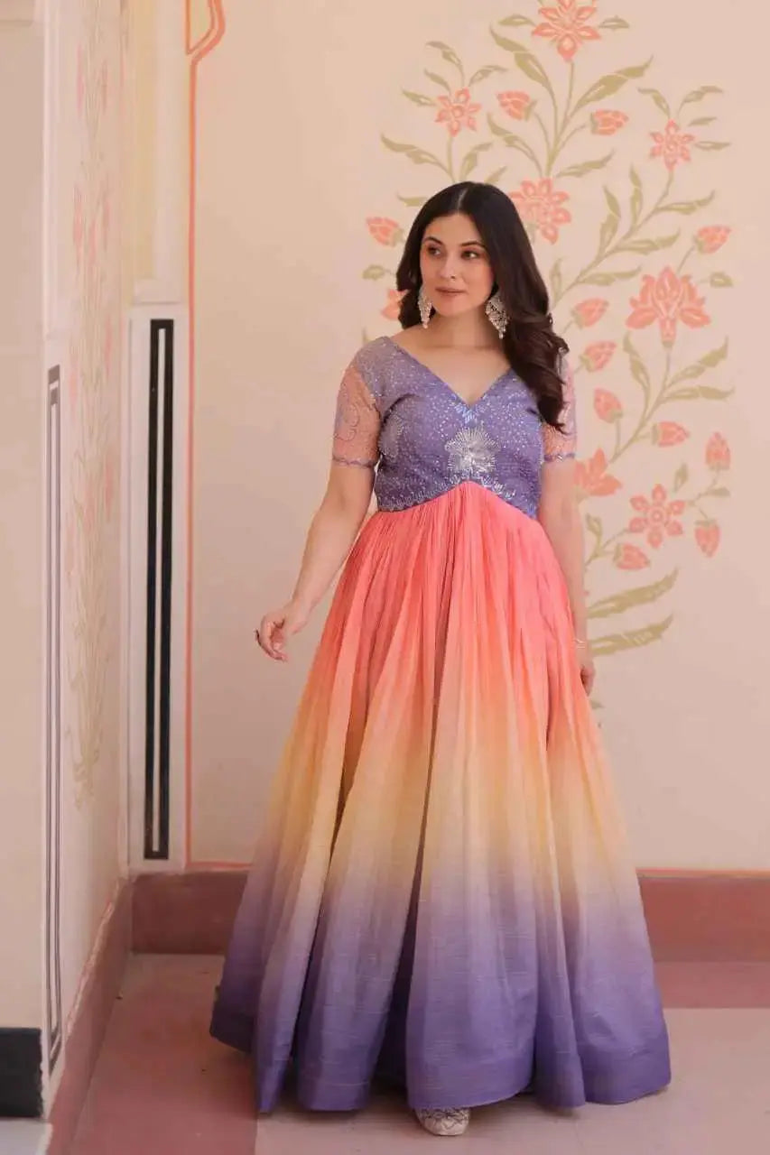Designer Ombre Anarkali Gown with Embroidered Sequin Blouse – Ethnic Party Wear for Women