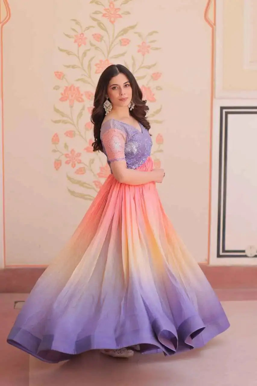 Designer Ombre Anarkali Gown with Embroidered Sequin Blouse – Ethnic Party Wear for Women