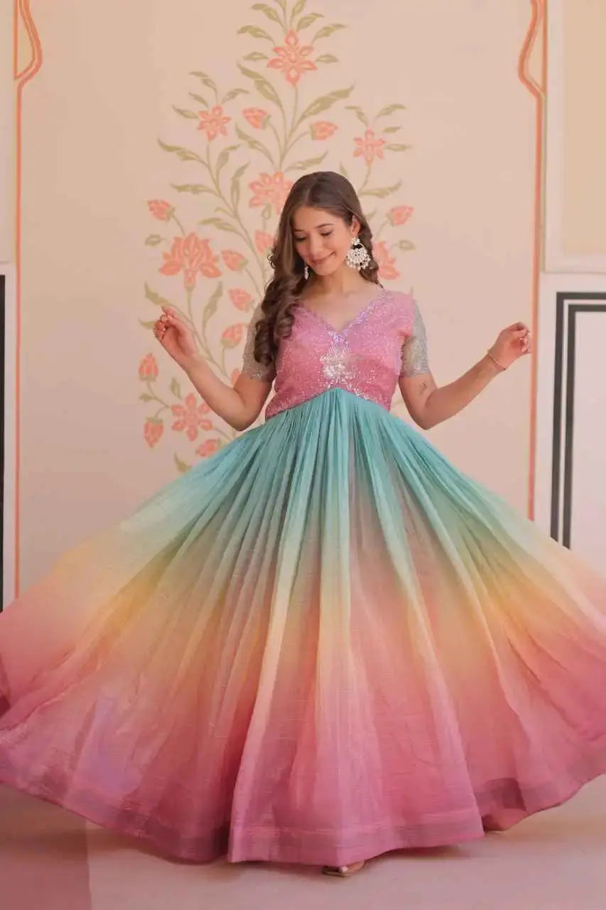 Stylish Indian Ethnic Gown for Women – Ombre Flair with Sequin Detailing