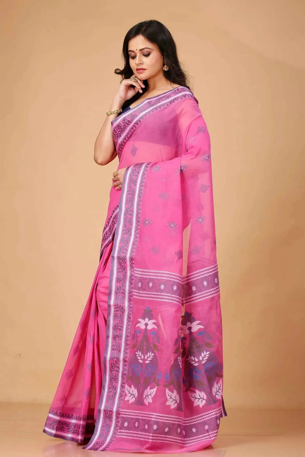 Cadillac Pink- Traditional Floral & Geometric Motifs Pure Cotton Bengal Handloom Saree