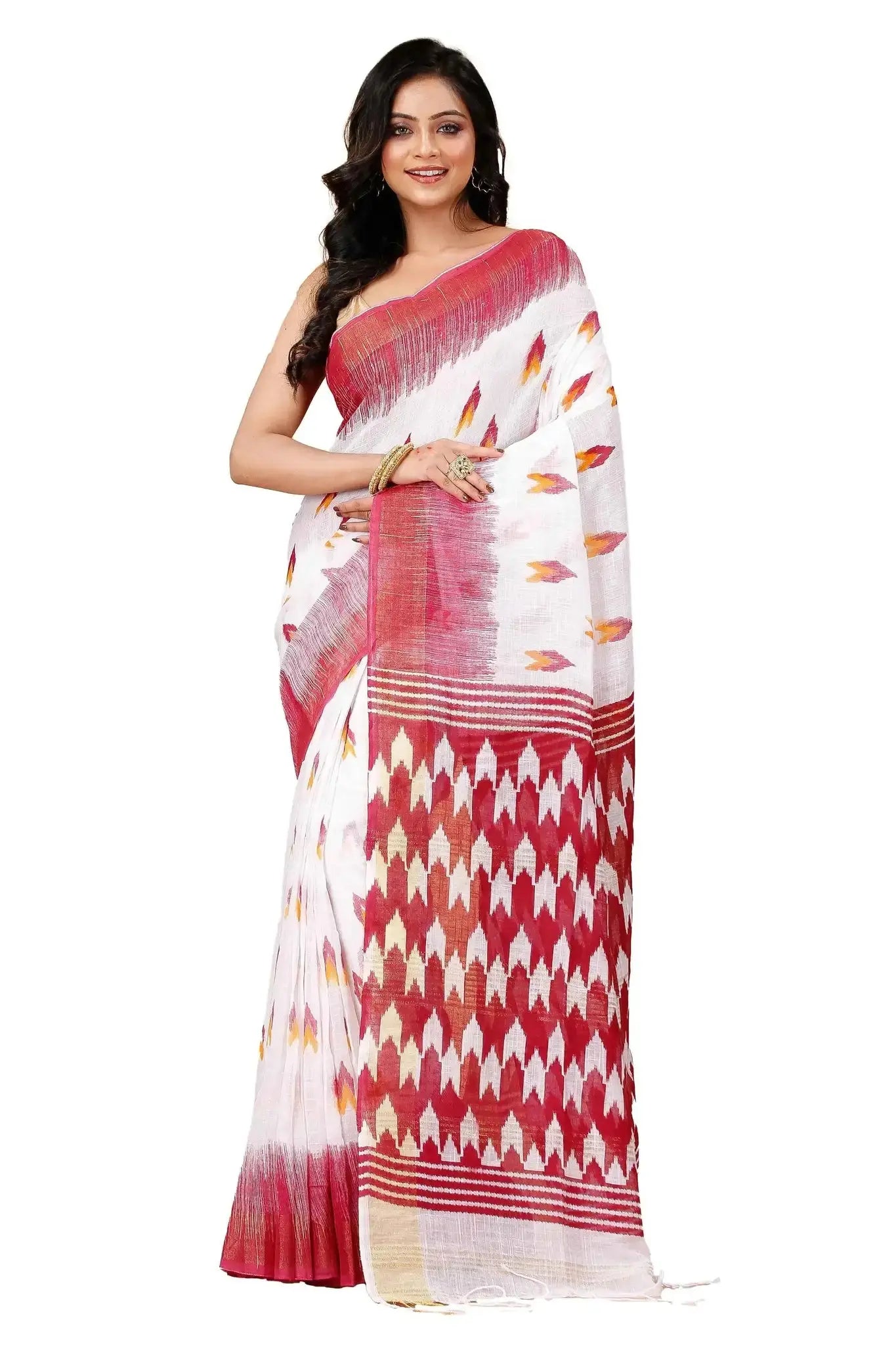 Rose & White Ikat Cotton Linen Saree With Elegant Weave