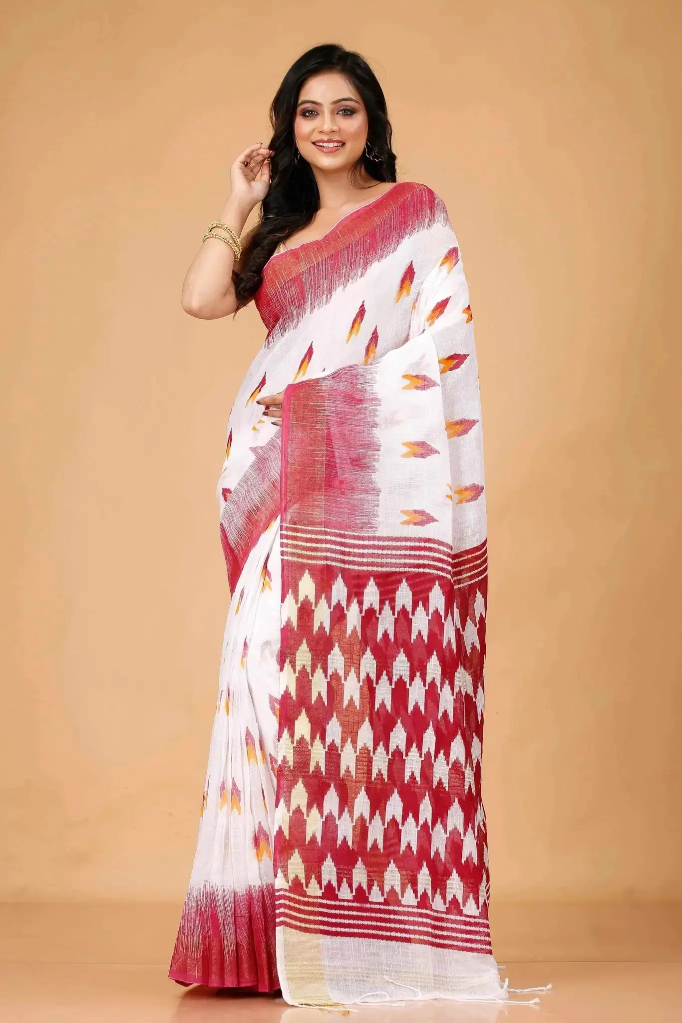 Rose & White Ikat Cotton Linen Saree With Elegant Weave