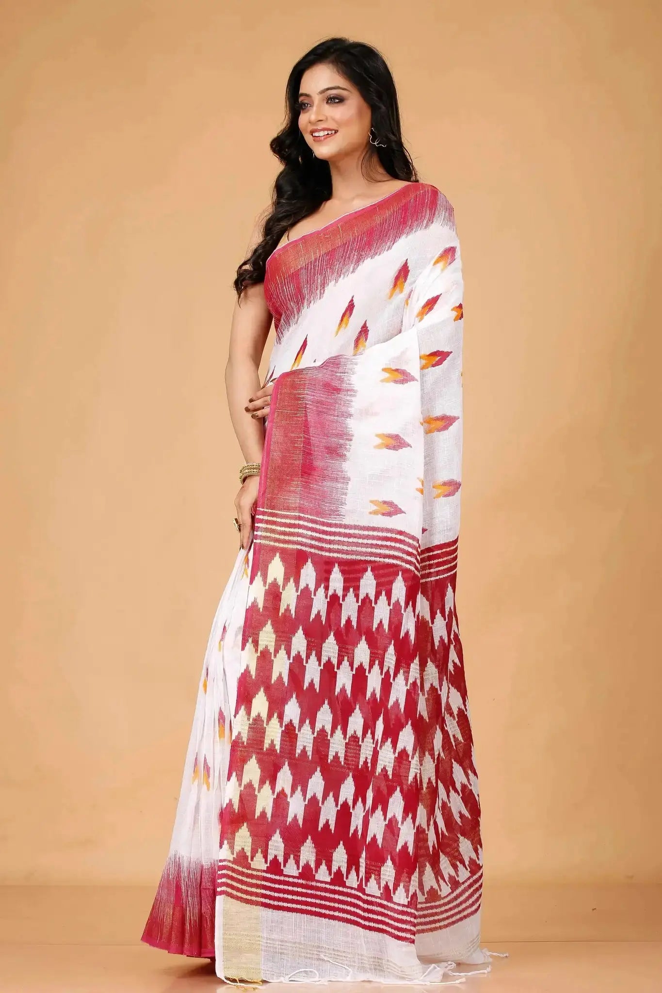 Rose & White Ikat Cotton Linen Saree With Elegant Weave