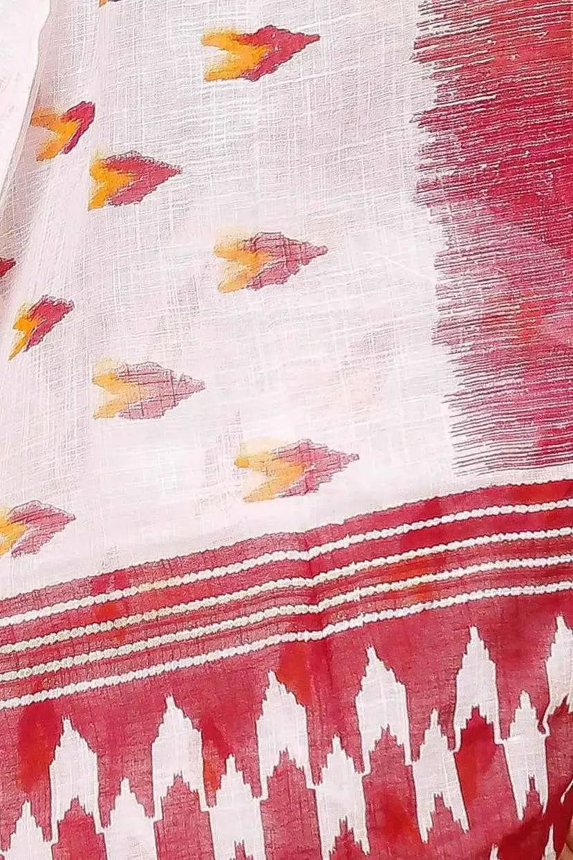 Rose & White Ikat Cotton Linen Saree With Elegant Weave