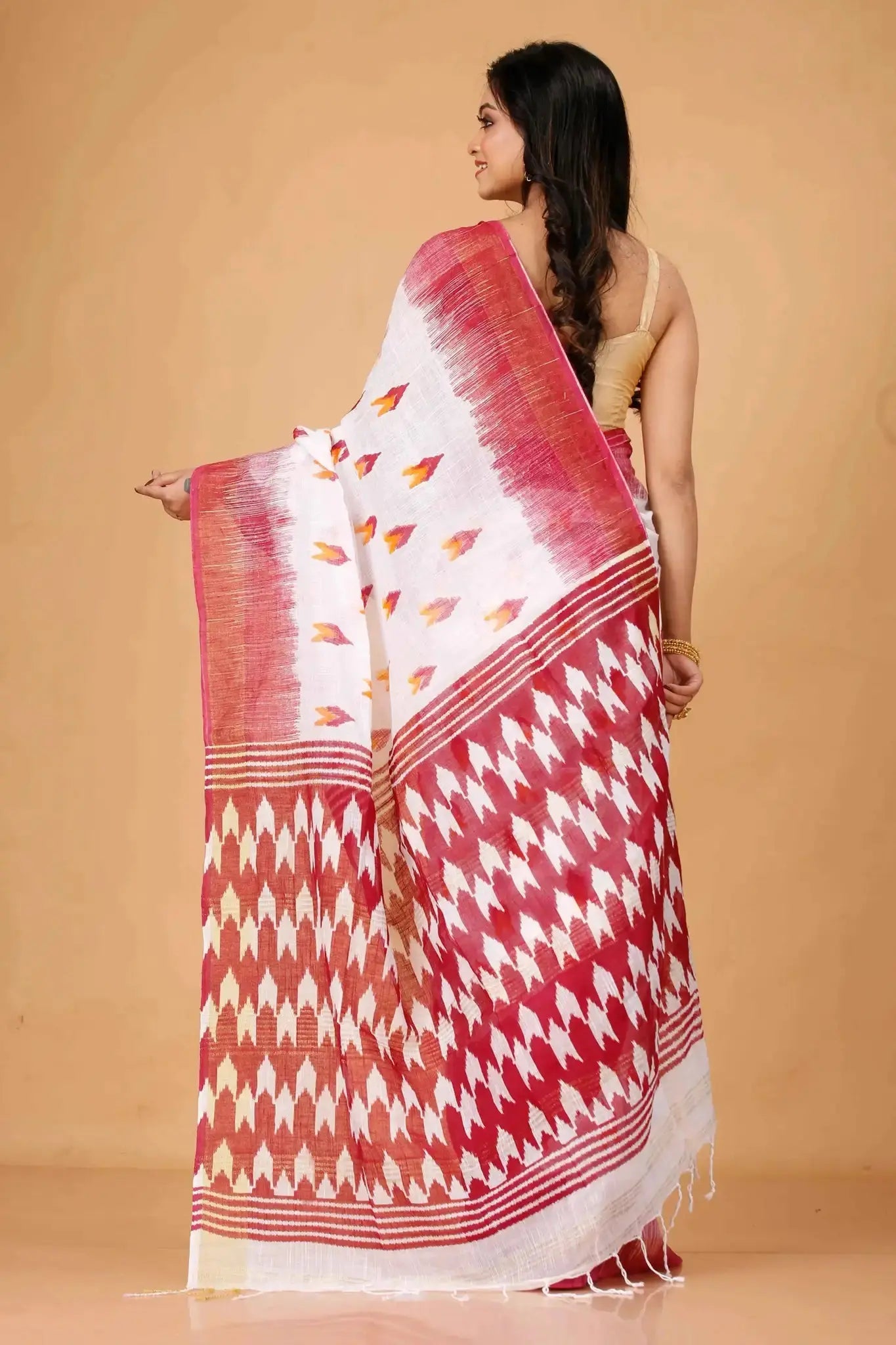 Rose & White Ikat Cotton Linen Saree With Elegant Weave