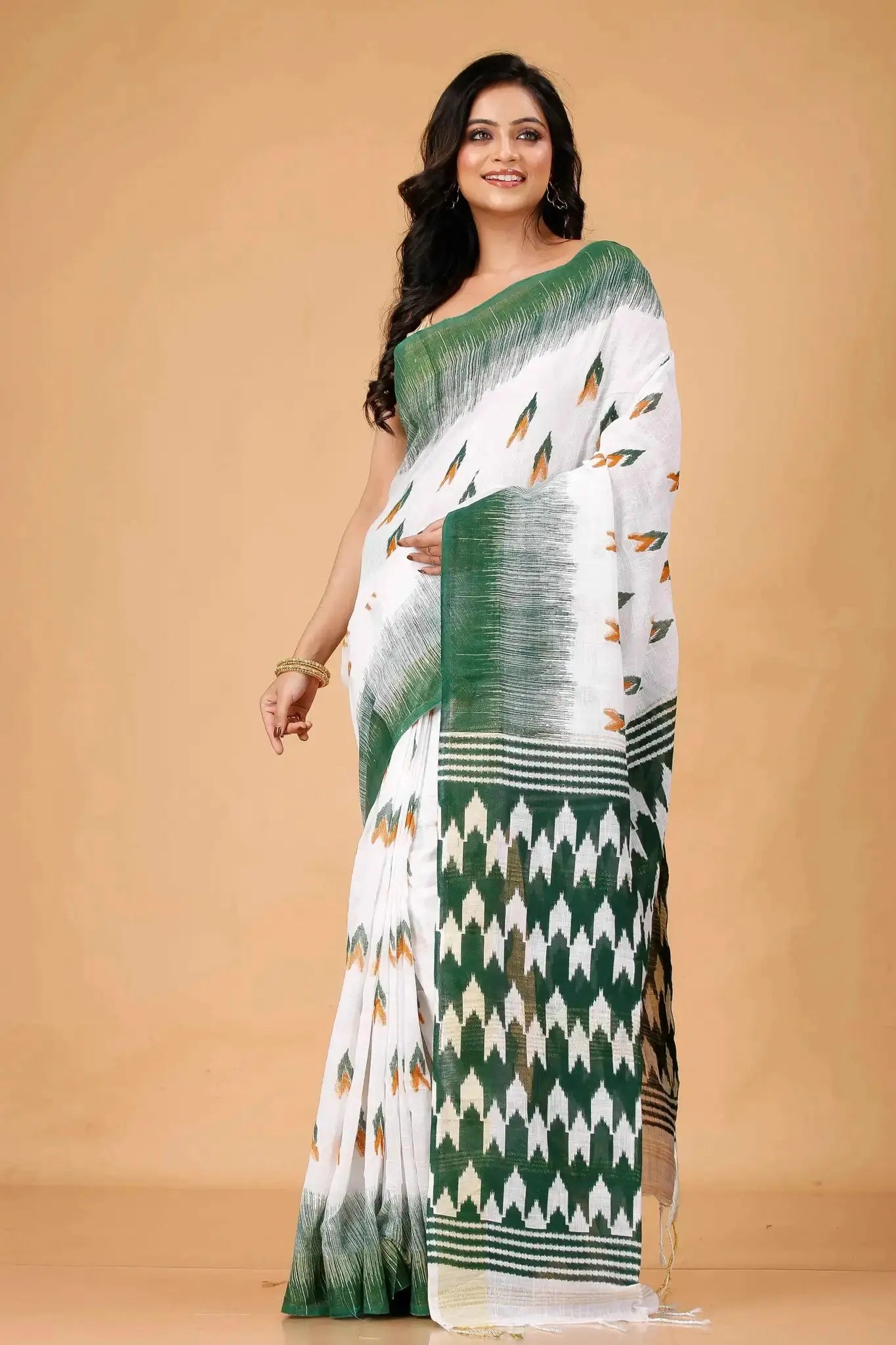 White & Green Handwoven Ikat Linen Saree With Geometric Pattern