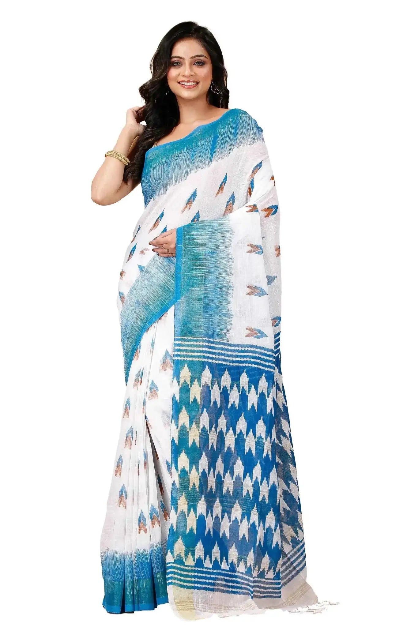 Blue & White- Traditional Wear Linen Saree With Handwoven Geometric Design