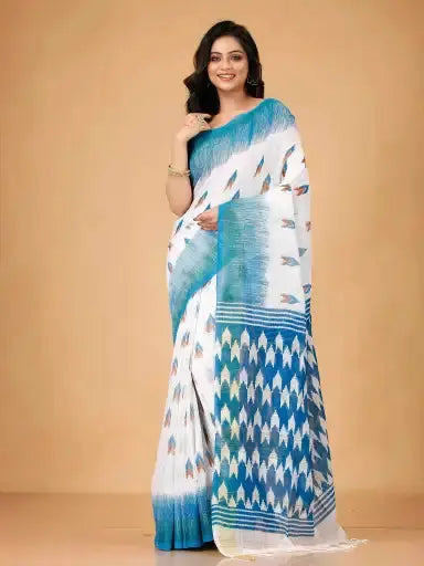 Blue & White- Traditional Wear Linen Saree With Handwoven Geometric Design