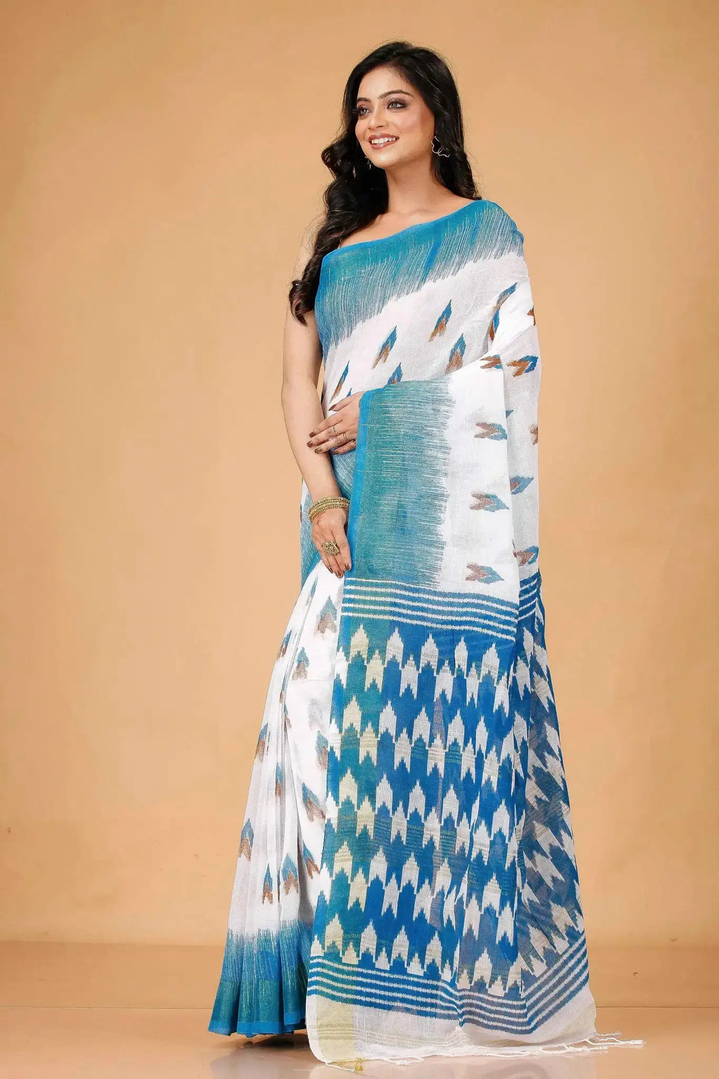 Blue & White- Traditional Wear Linen Saree With Handwoven Geometric Design