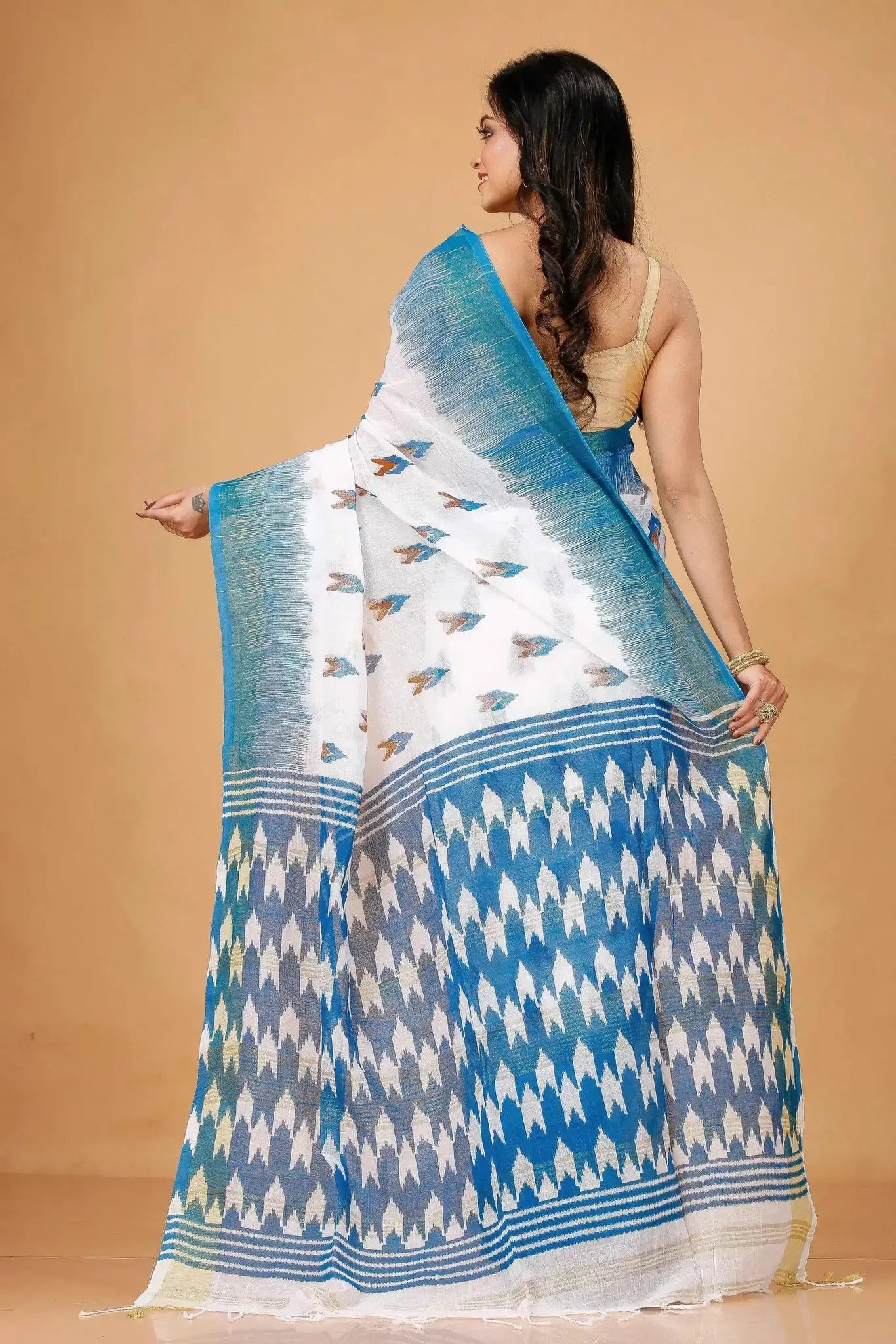 Blue & White- Traditional Wear Linen Saree With Handwoven Geometric Design