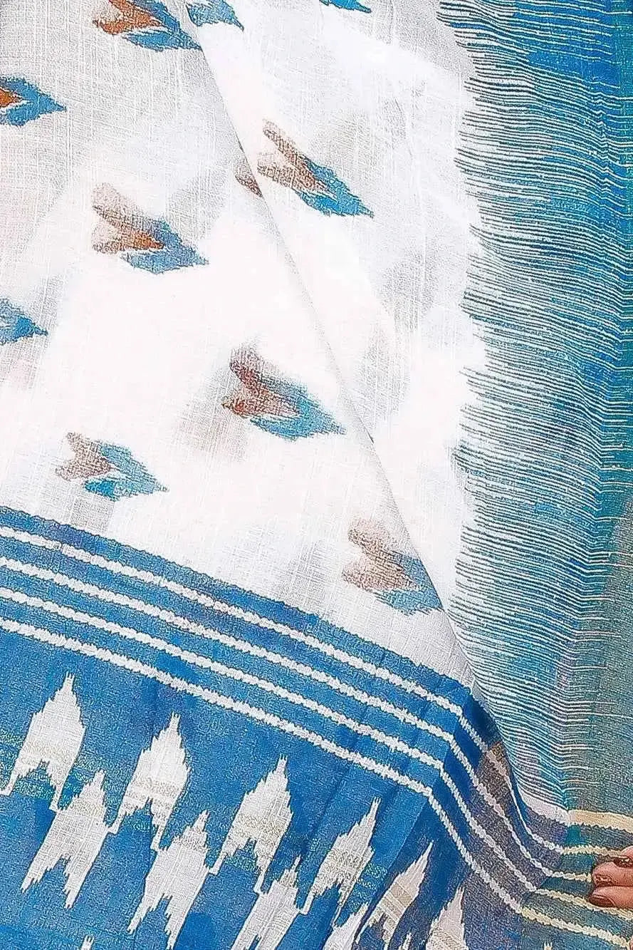 Blue & White- Traditional Wear Linen Saree With Handwoven Geometric Design