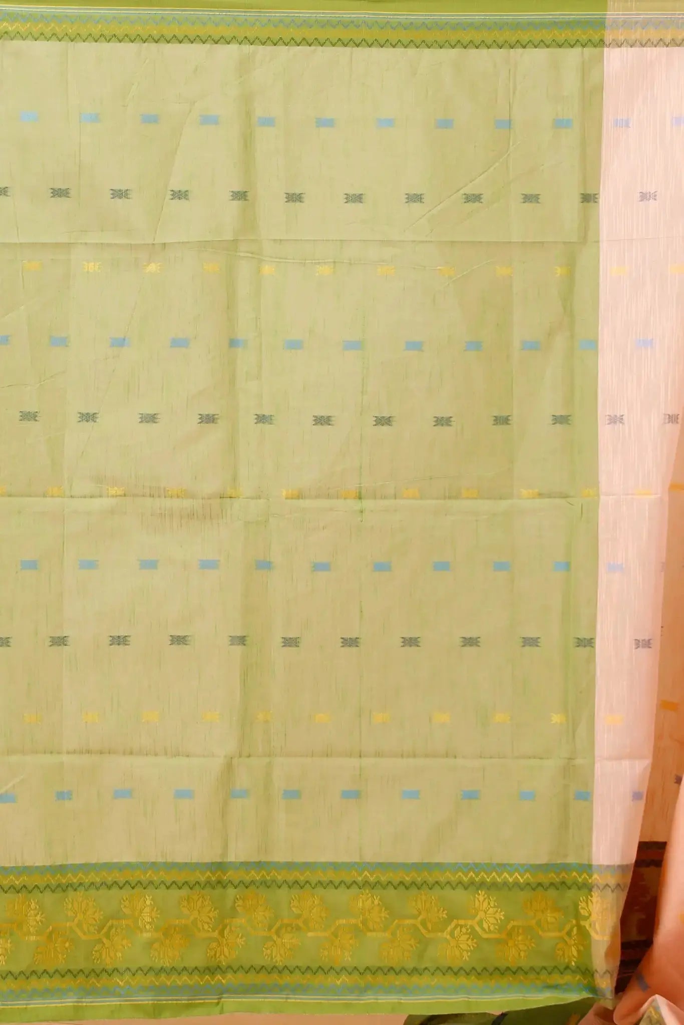 Pale Pink- Bellu Cotton Handloom Saree With Green Border and Blouse Piece - Grivana